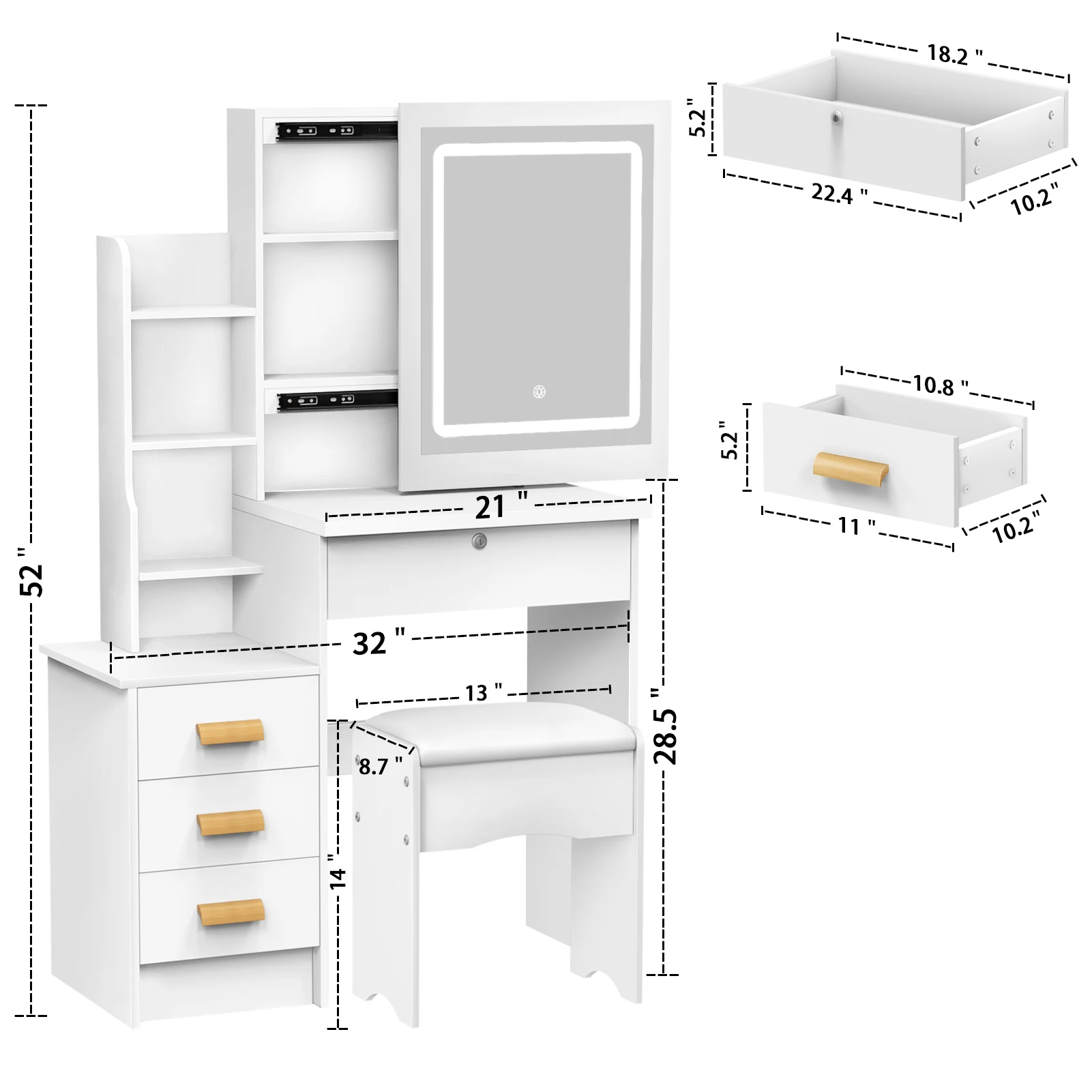Vanity Table(Including Chairs), Dressing Table With Sliding Mirror and Stool, Bedroom Makeup Desk, Dresser With 4 Drawers