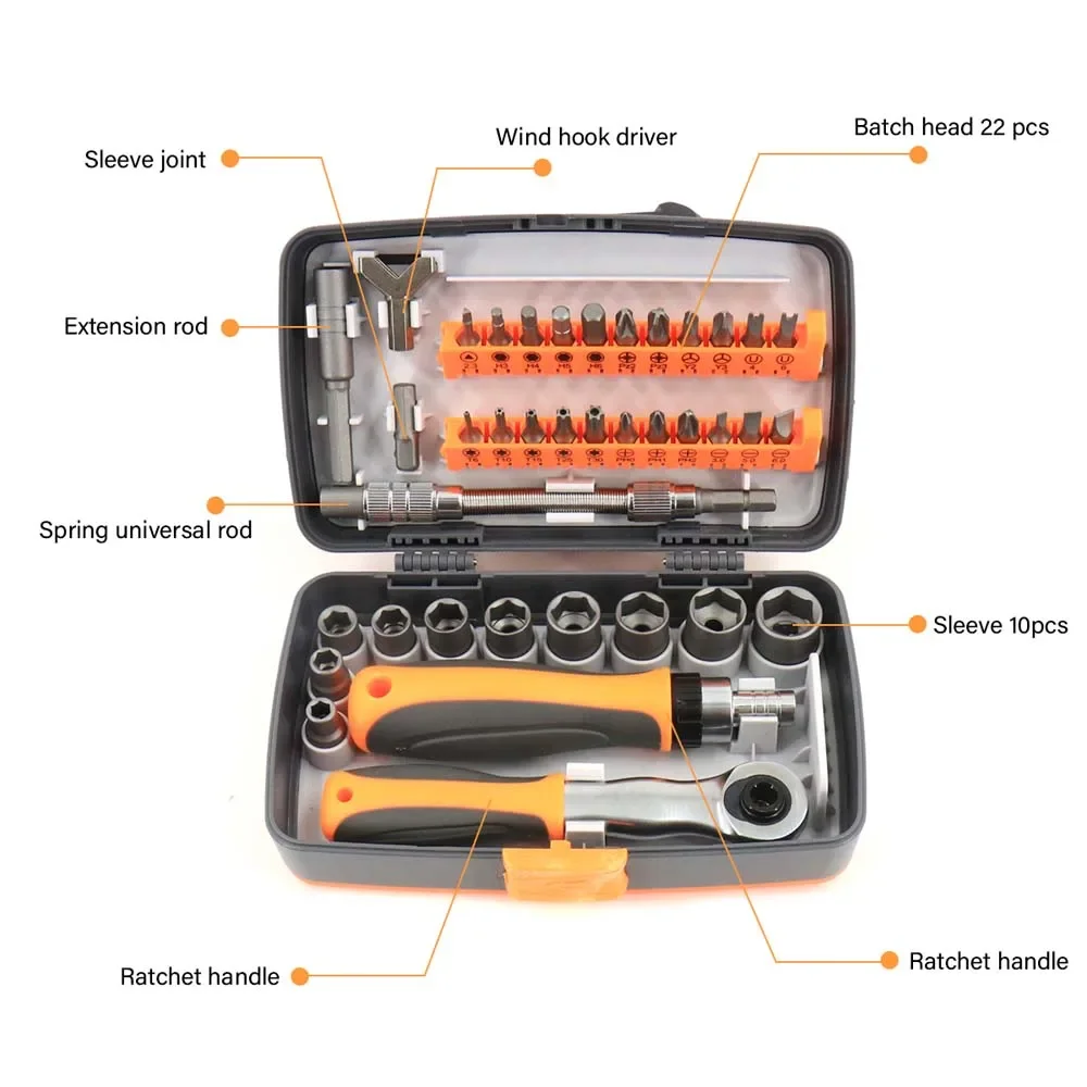 38pcs 1/2" 1/4" 3/8" Ratchet Screwdriver Set Combination Toolbox Hardware Magnetic Screw Driver Car Repair Tool Kit