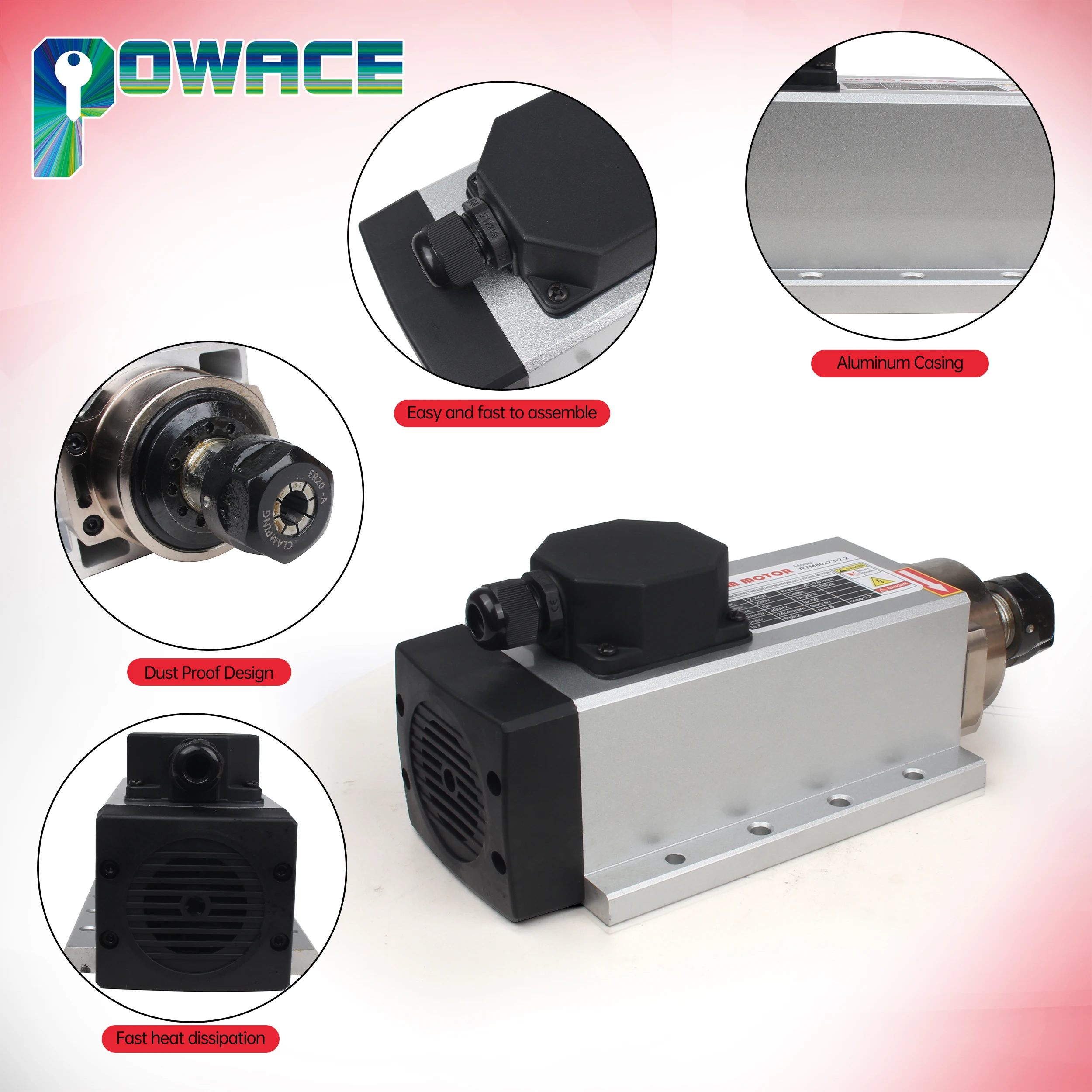 POWACE 2.2KW ER20 CNC Air Cooled Spindle Motor Square For Woodworking Router Engraving Milling Machine