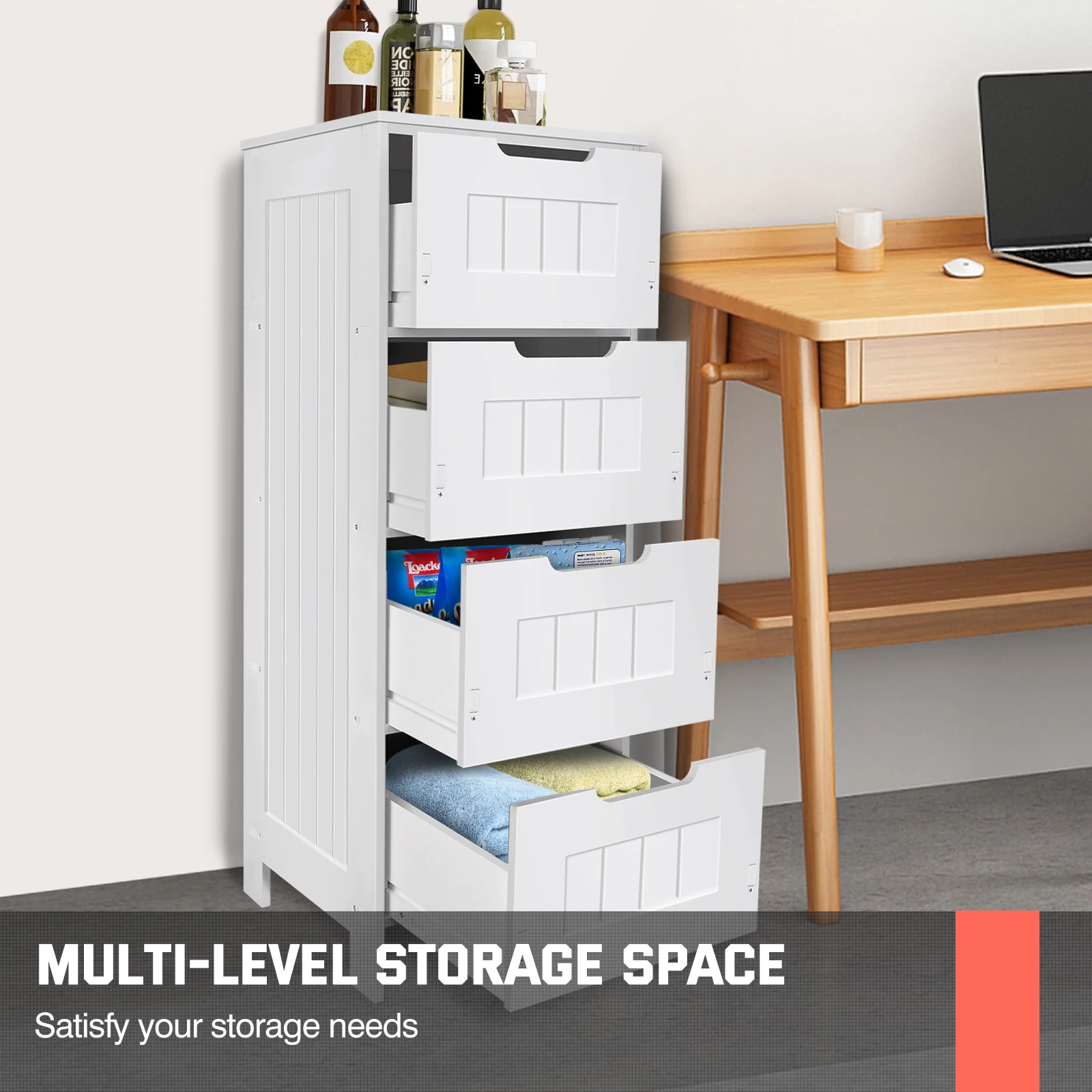BRIEFNESS White PVC 4 - Tier Free Standing Bathroom Cabinet with 4 Drawers for Floor Standing Storage and Waterproof Function
