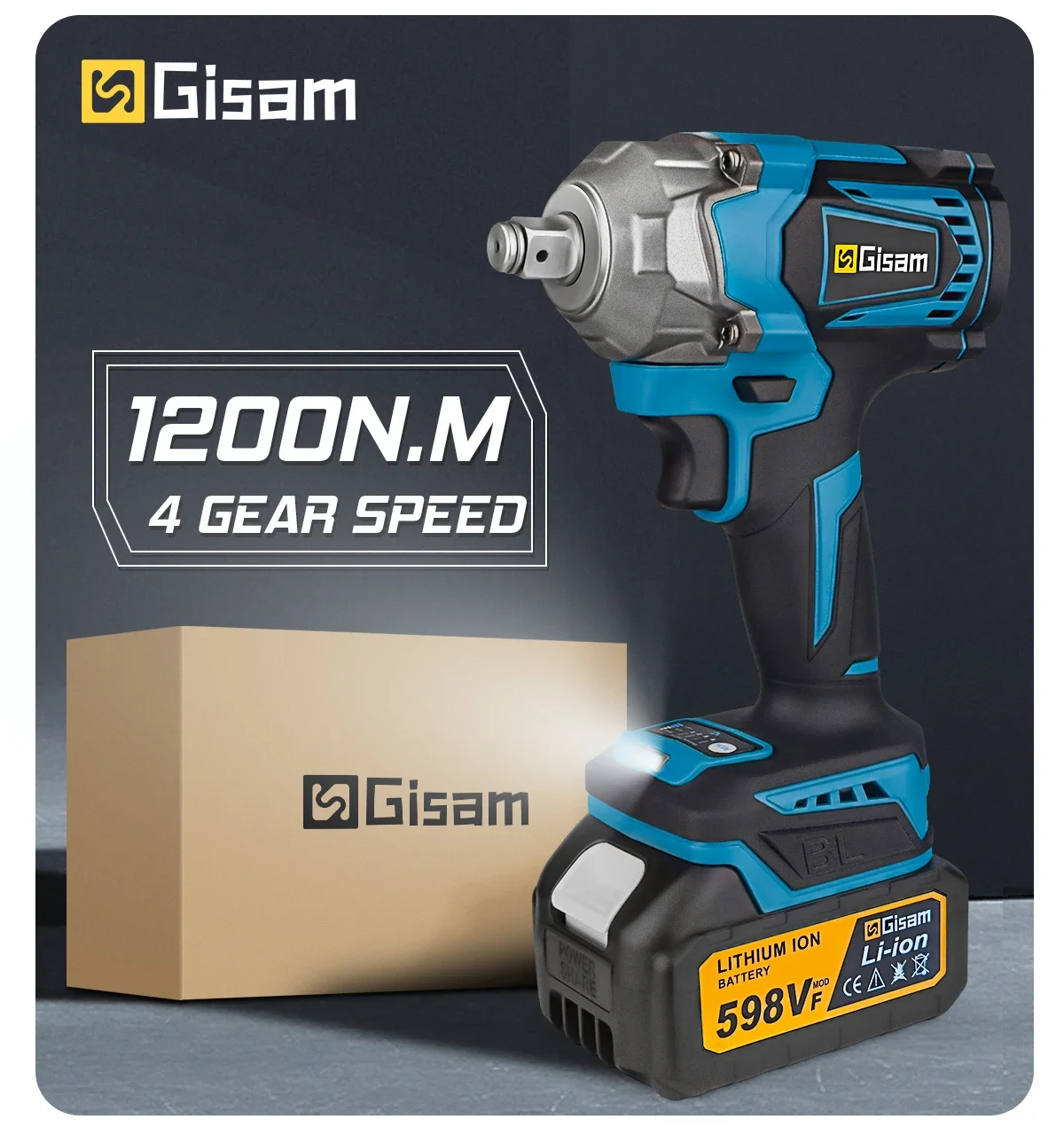 Gisam 1200N.M Torque Brushless Electric Impact Wrench 1/2 Inch Cordless Wrench Screwdriver Power Tool For Makita 18V Battery Pin