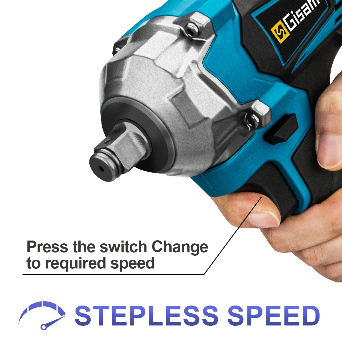 Gisam 1200N.M Torque Brushless Electric Impact Wrench 1/2 Inch Cordless Wrench Screwdriver Power Tool For Makita 18V Battery Pin