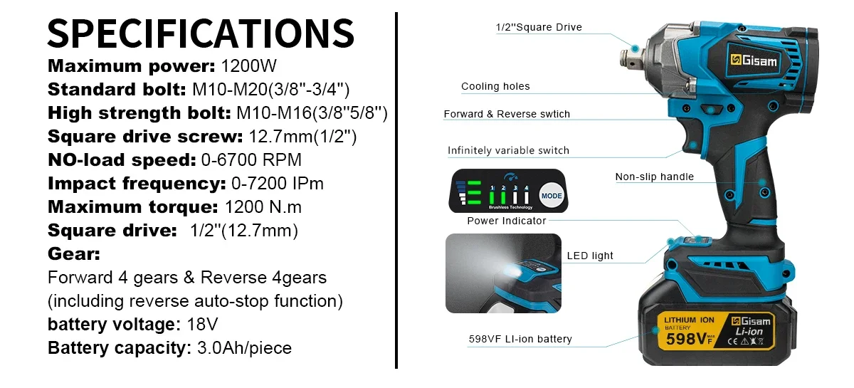 Gisam 1200N.M Torque Brushless Electric Impact Wrench 1/2 Inch Cordless Wrench Screwdriver Power Tool For Makita 18V Battery Pin