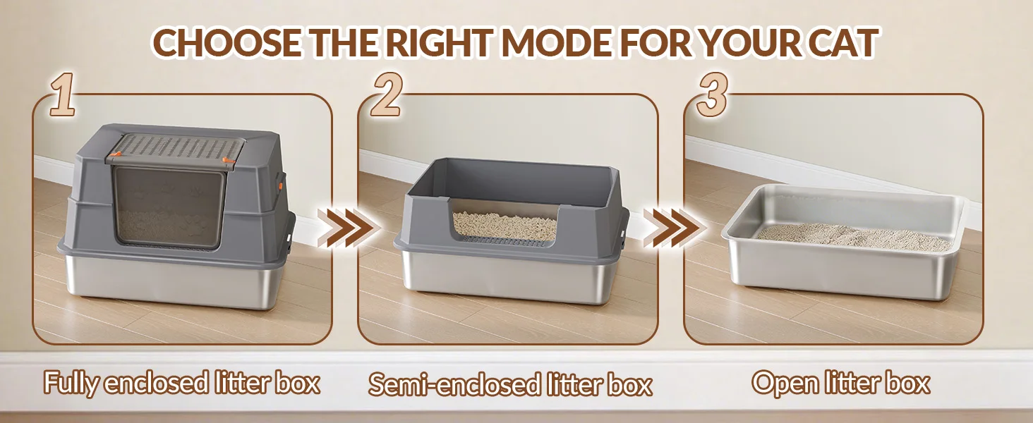 Stainless Steel Cat Litter Tray with Lid, XXXL Enclosed Removable Metal Cat Litter Box, 70 x 50 x 45 cm, 105° Foldable Lid