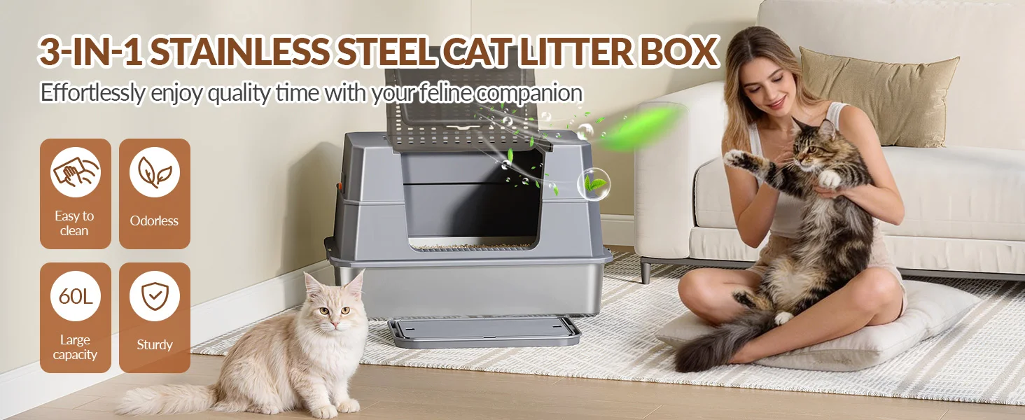 Stainless Steel Cat Litter Tray with Lid, XXXL Enclosed Removable Metal Cat Litter Box, 70 x 50 x 45 cm, 105° Foldable Lid