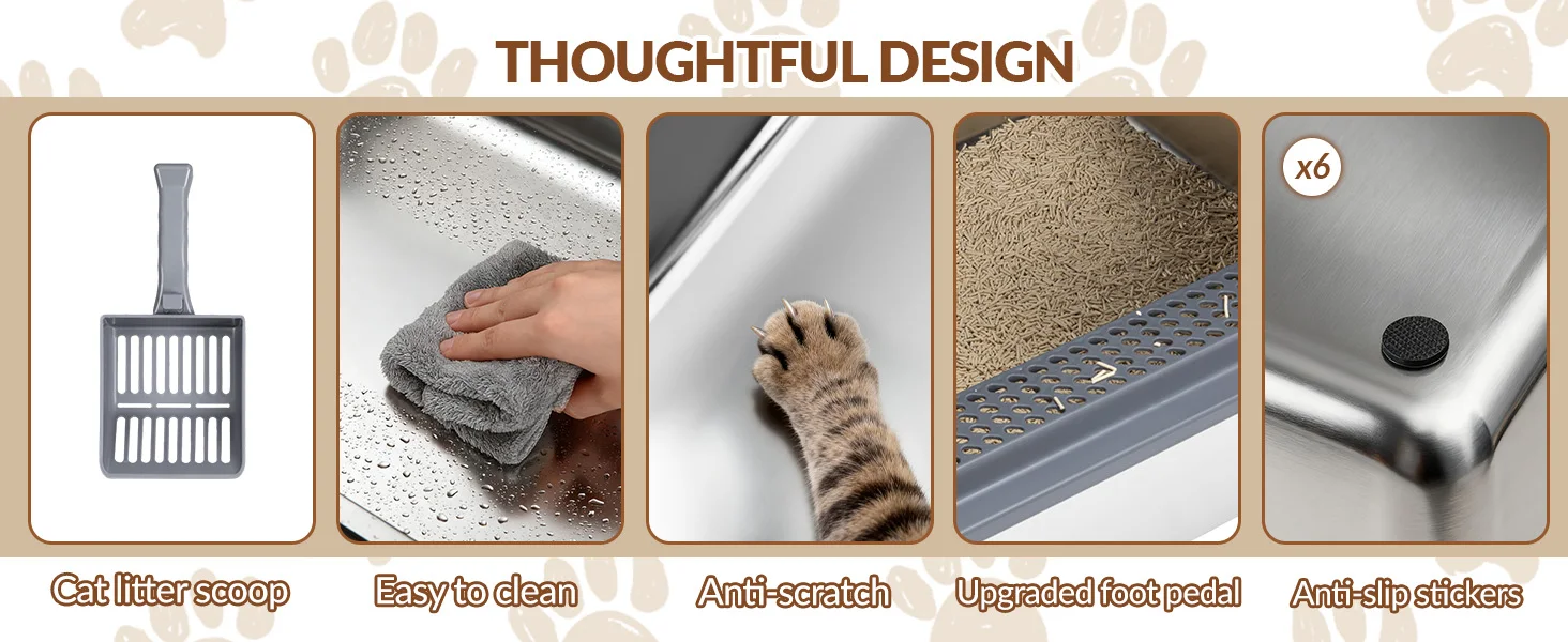 Stainless Steel Cat Litter Tray with Lid, XXXL Enclosed Removable Metal Cat Litter Box, 70 x 50 x 45 cm, 105° Foldable Lid