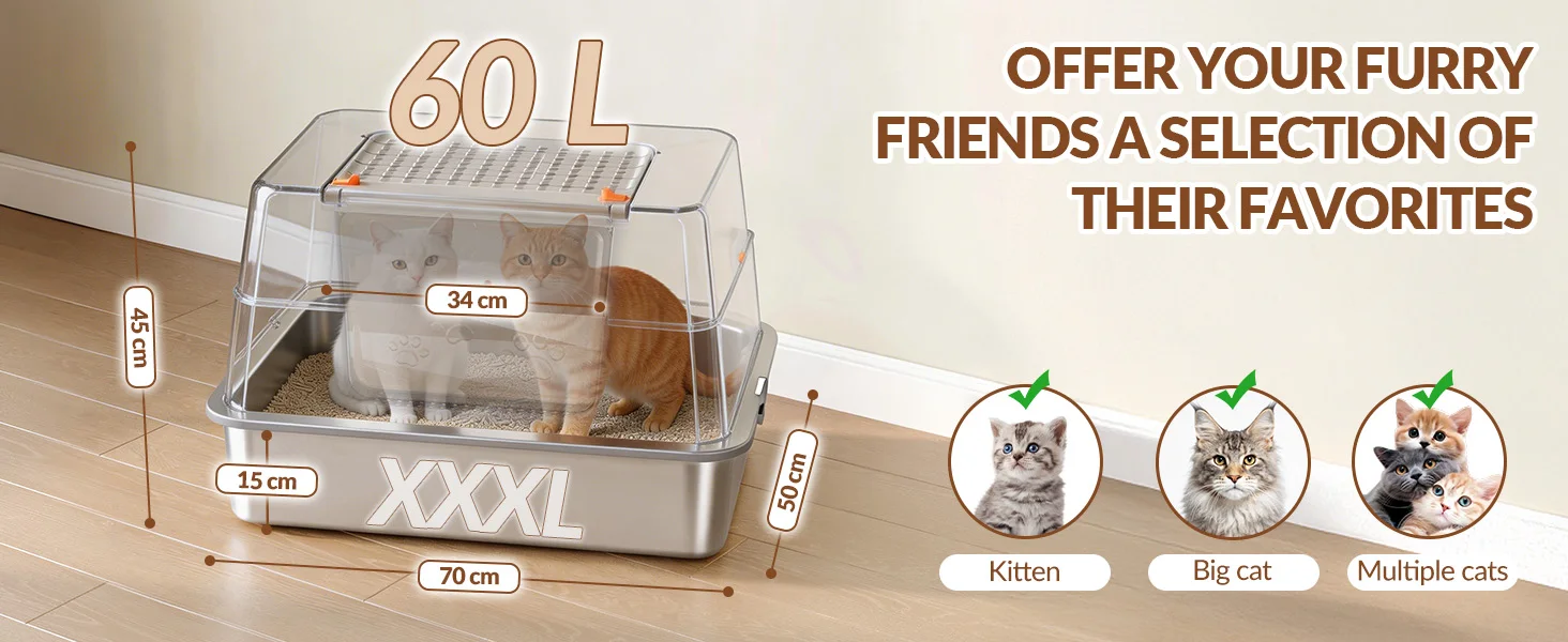 Stainless Steel Cat Litter Tray with Lid, XXXL Enclosed Removable Metal Cat Litter Box, 70 x 50 x 45 cm, 105° Foldable Lid