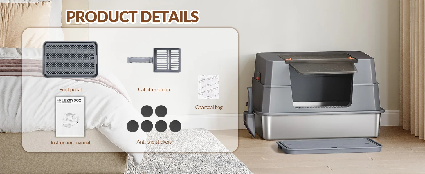 Stainless Steel Cat Litter Tray with Lid, XXXL Enclosed Removable Metal Cat Litter Box, 70 x 50 x 45 cm, 105° Foldable Lid