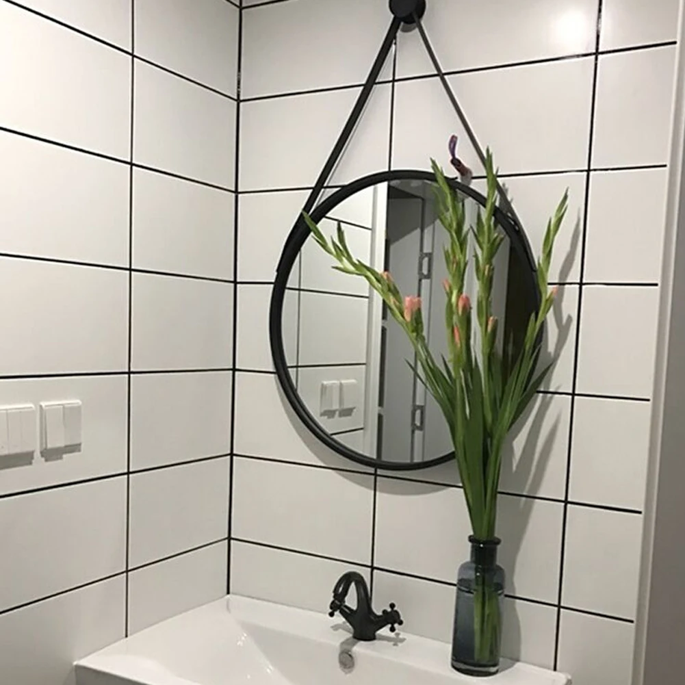 Modern Round Hanging Mirror with Adjustable Leather Strap, Black 60CM