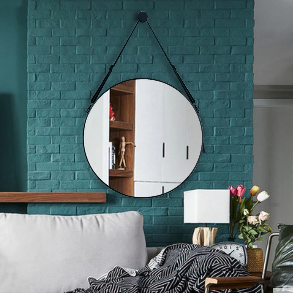 Modern Round Hanging Mirror with Adjustable Leather Strap, Black 60CM