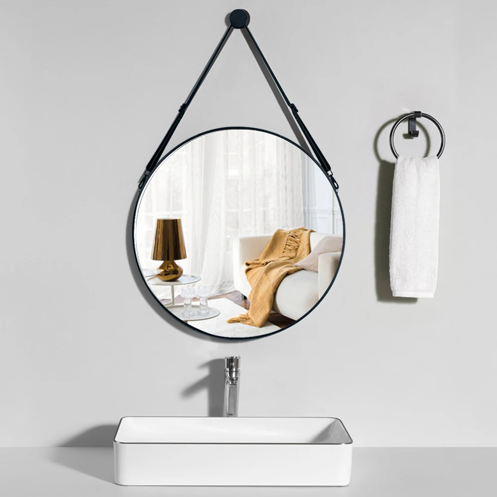Modern Round Hanging Mirror with Adjustable Leather Strap, Black 60CM
