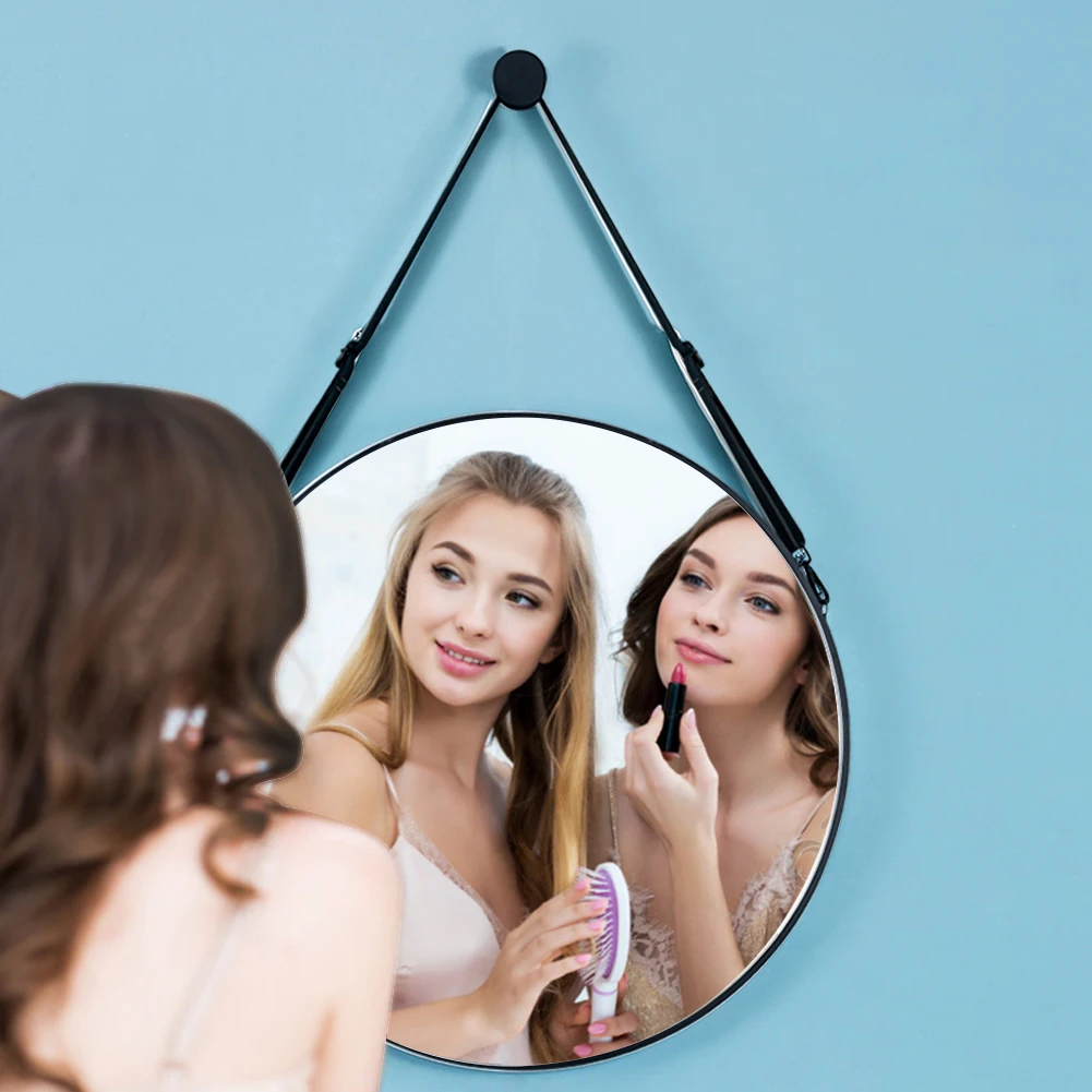 Modern Round Hanging Mirror with Adjustable Leather Strap, Black 60CM