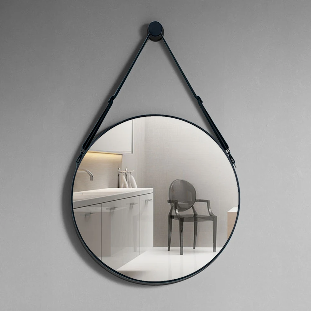 Modern Round Hanging Mirror with Adjustable Leather Strap, Black 60CM