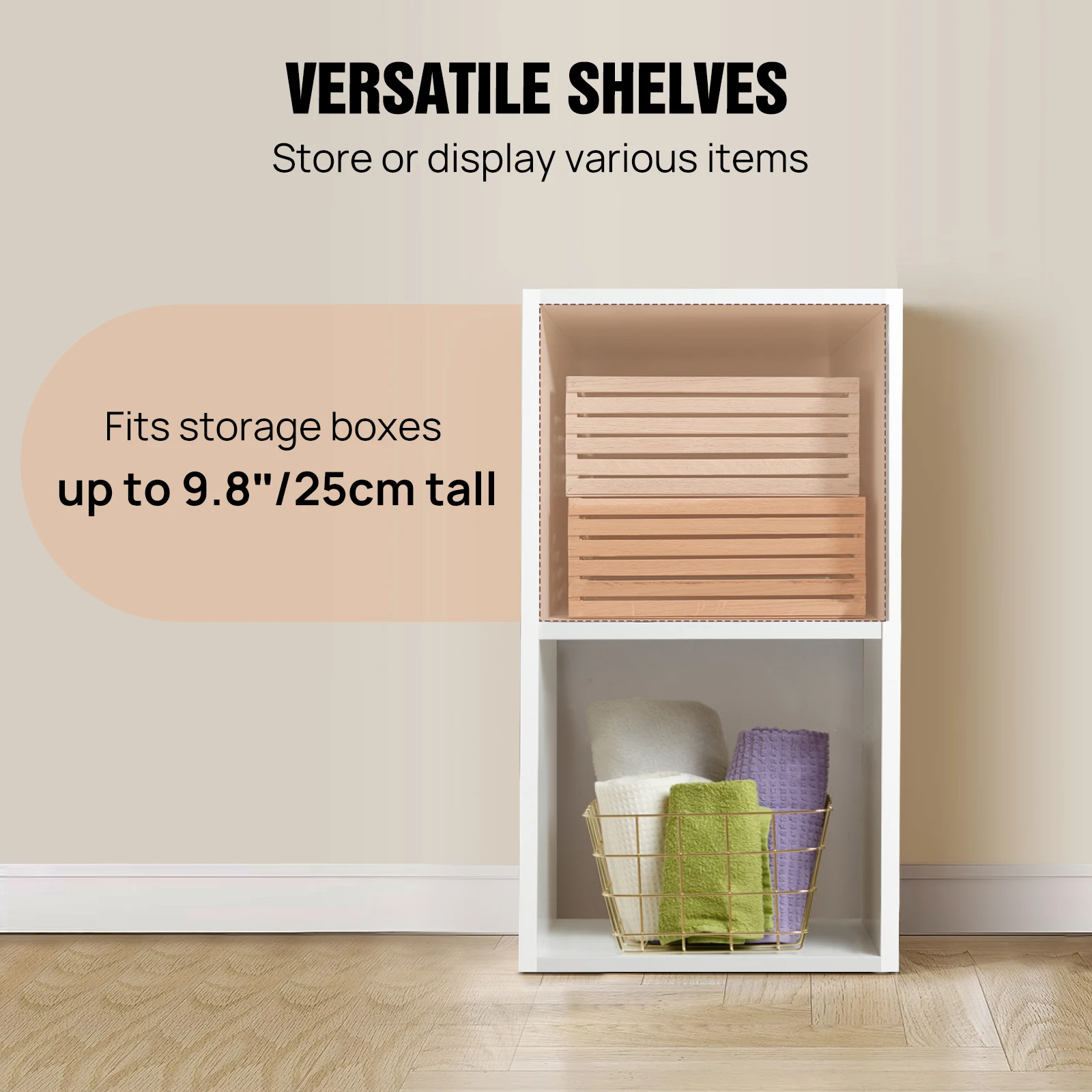 2-Tier White Open Cube Storage, Multifunctional Freestanding Shelf for Home Organization
