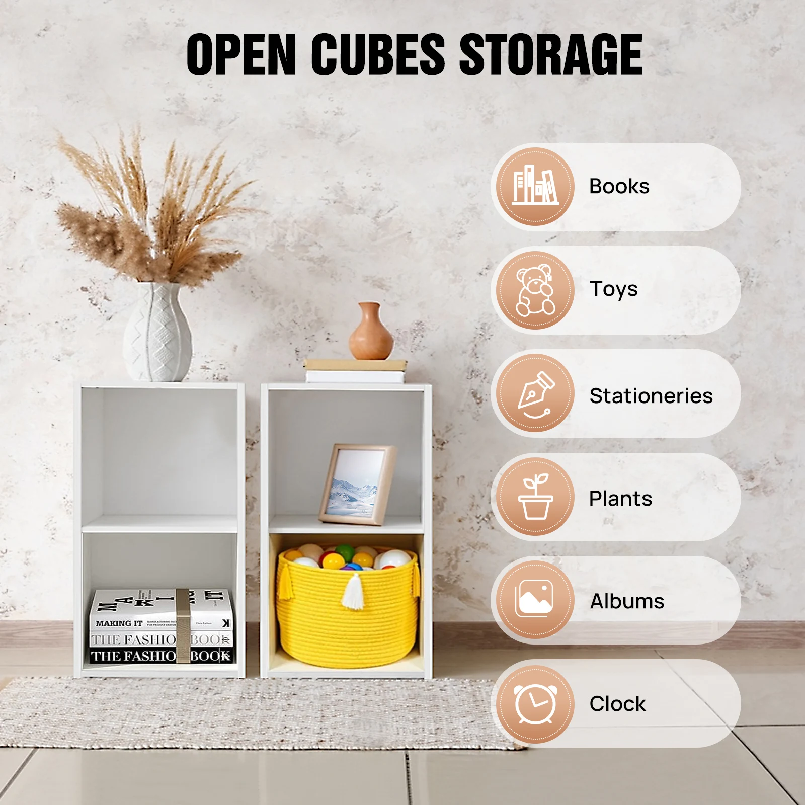 2-Tier White Open Cube Storage, Multifunctional Freestanding Shelf for Home Organization