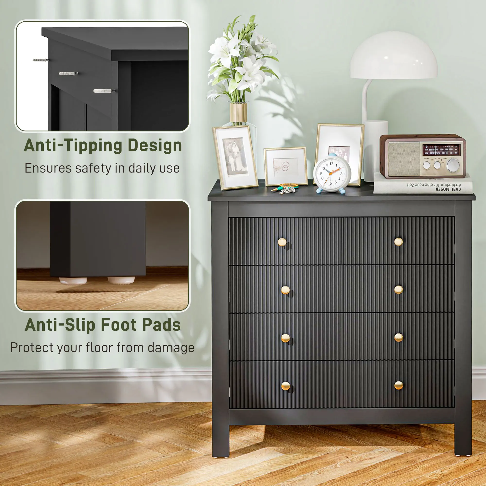 HOMCOM Fluted Bedroom Chest of Drawers w/ 5 Drawers Gold Tone Handles Black