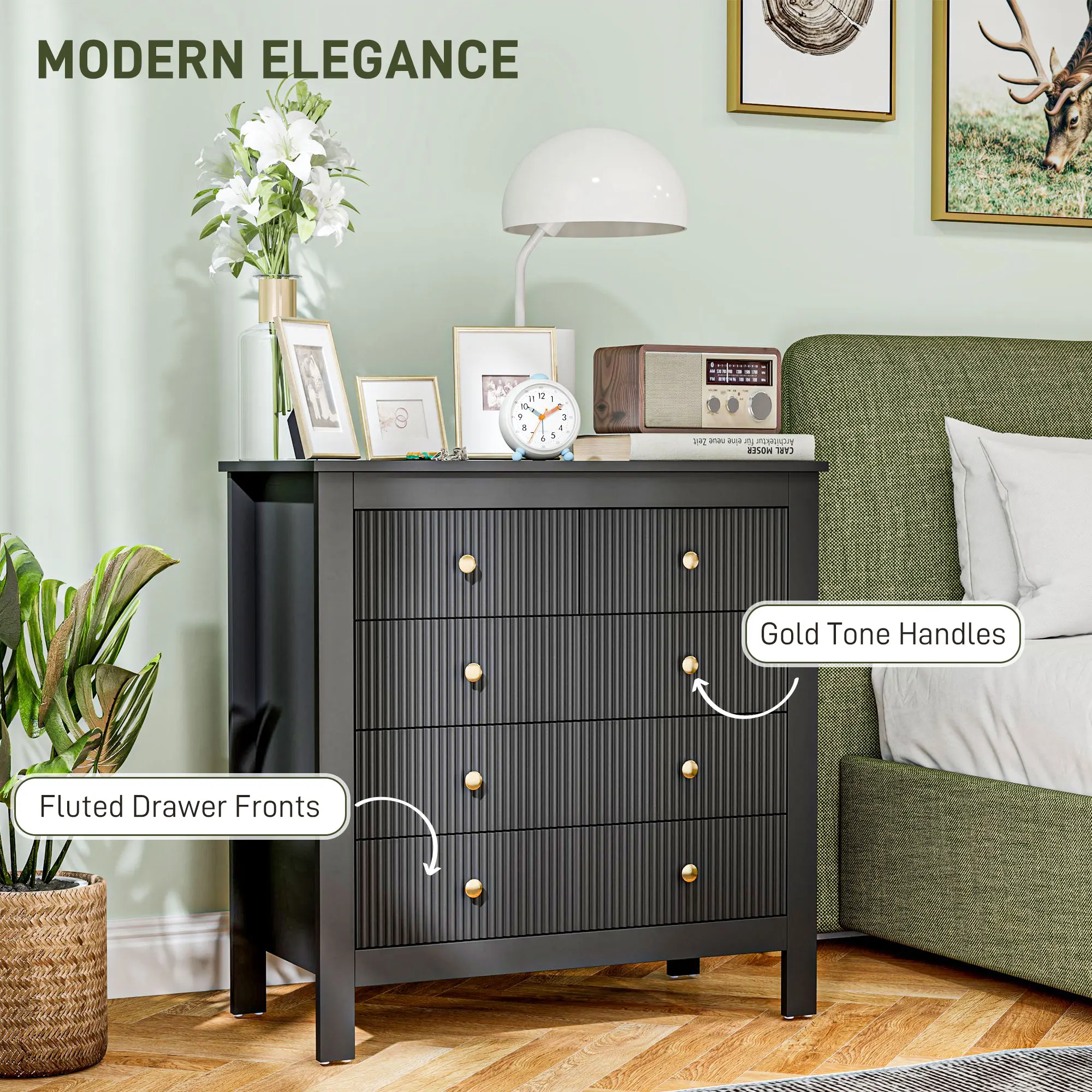 HOMCOM Fluted Bedroom Chest of Drawers w/ 5 Drawers Gold Tone Handles Black