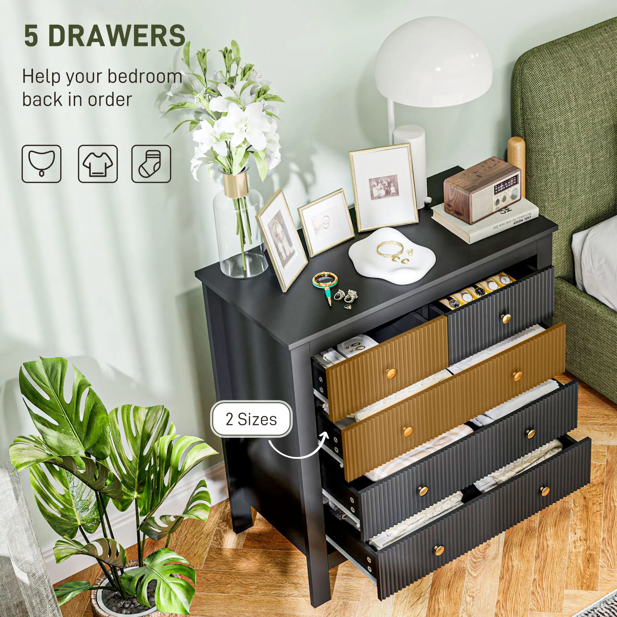 HOMCOM Fluted Bedroom Chest of Drawers w/ 5 Drawers Gold Tone Handles Black