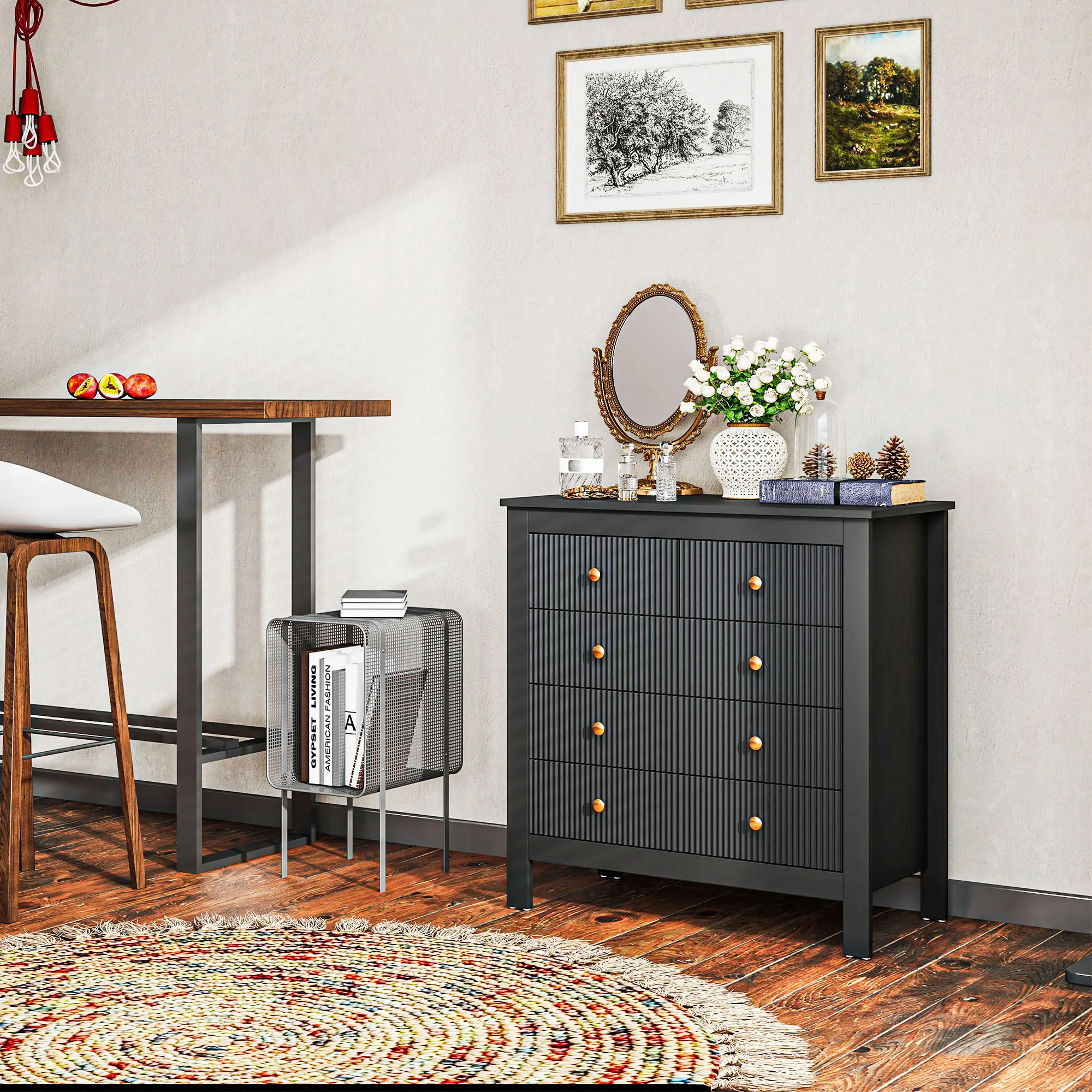 HOMCOM Fluted Bedroom Chest of Drawers w/ 5 Drawers Gold Tone Handles Black
