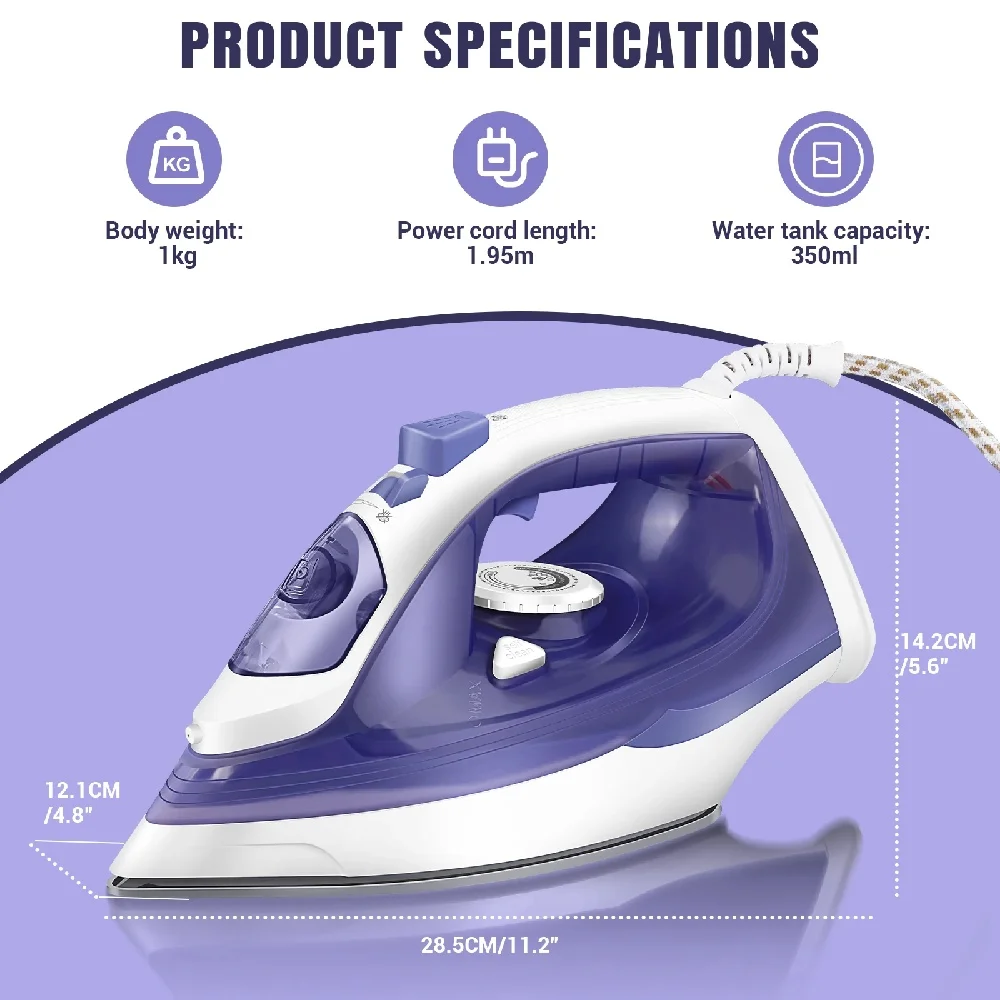 BRIEFNESS Electric Iron Portable Steam Iron, 2400W Powerful Steam Function, Non-stick Stainless Steel Soleplate,350ml Water Tank
