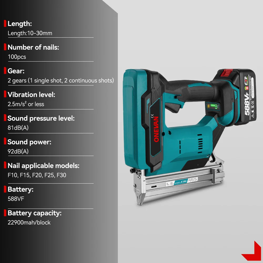 ONEVAN F30G Brushless Electric Nail Gun Cordless 22MM Stapler Nailer Woodworking Power Tool With Nail For Makita 18V Battery Pin