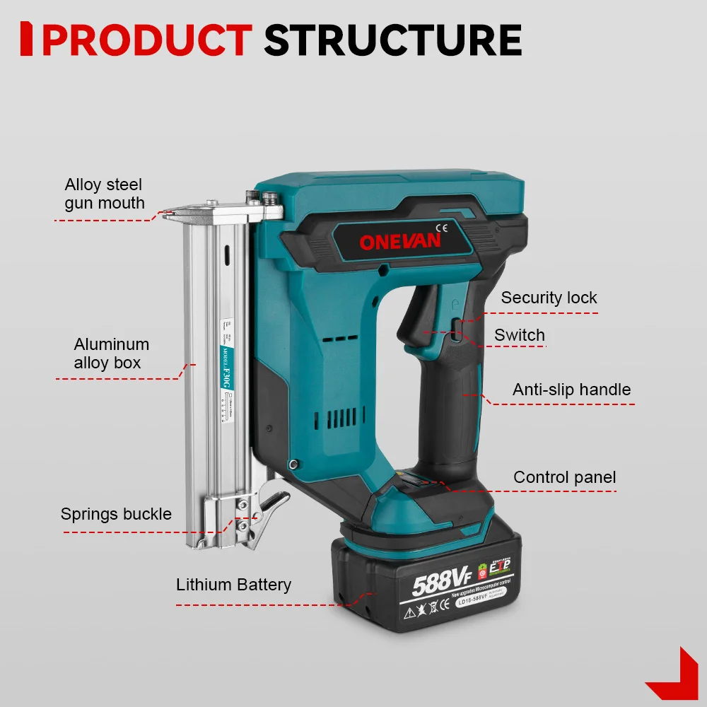 ONEVAN F30G Brushless Electric Nail Gun Cordless 22MM Stapler Nailer Woodworking Power Tool With Nail For Makita 18V Battery Pin