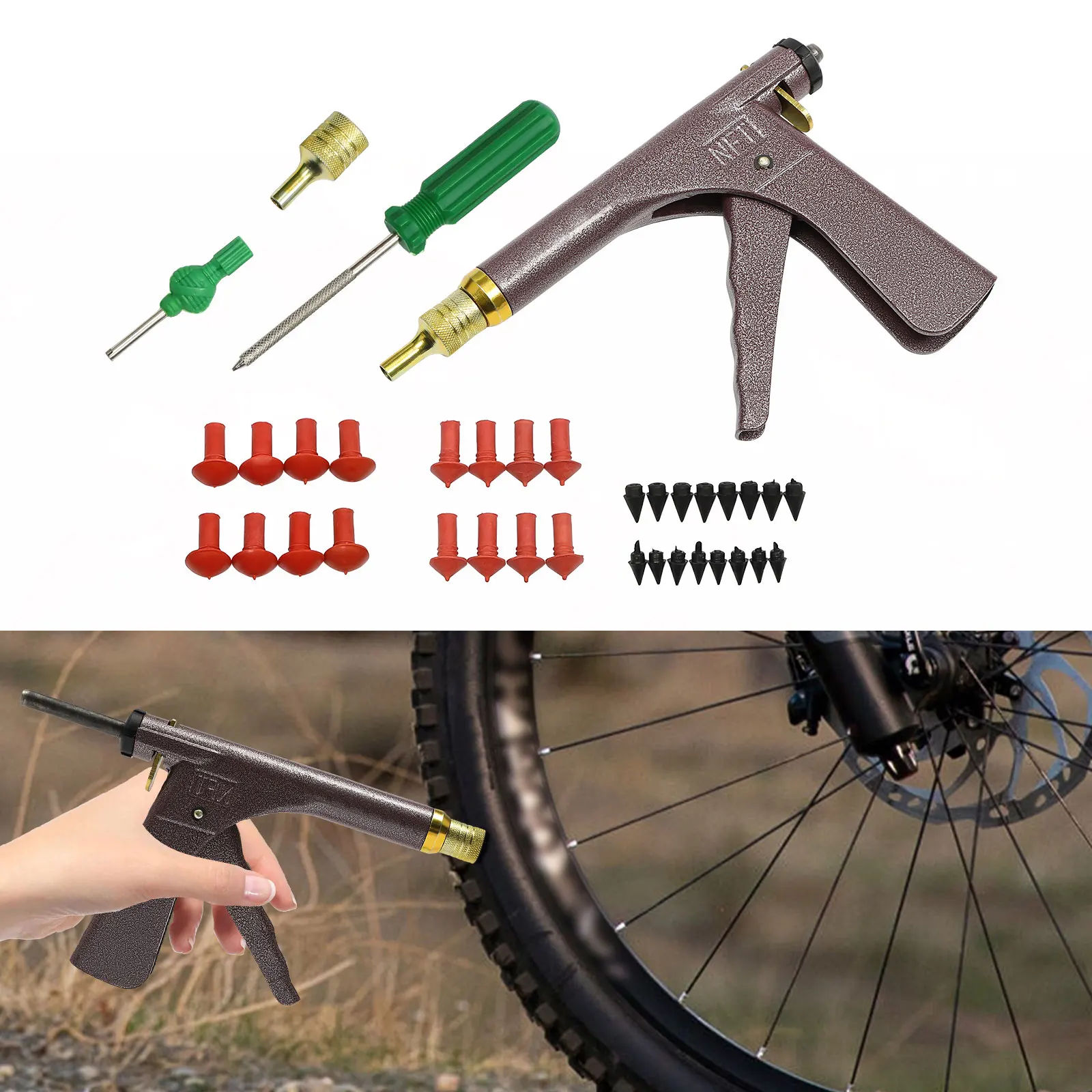 Vacuum Tire Repair Tool, Tubeless Tire Puncture Repair Gun, Car Motorcycle Scooter Wheel Tyre Plugger with Mushroom Plug & Box (Not included glue)