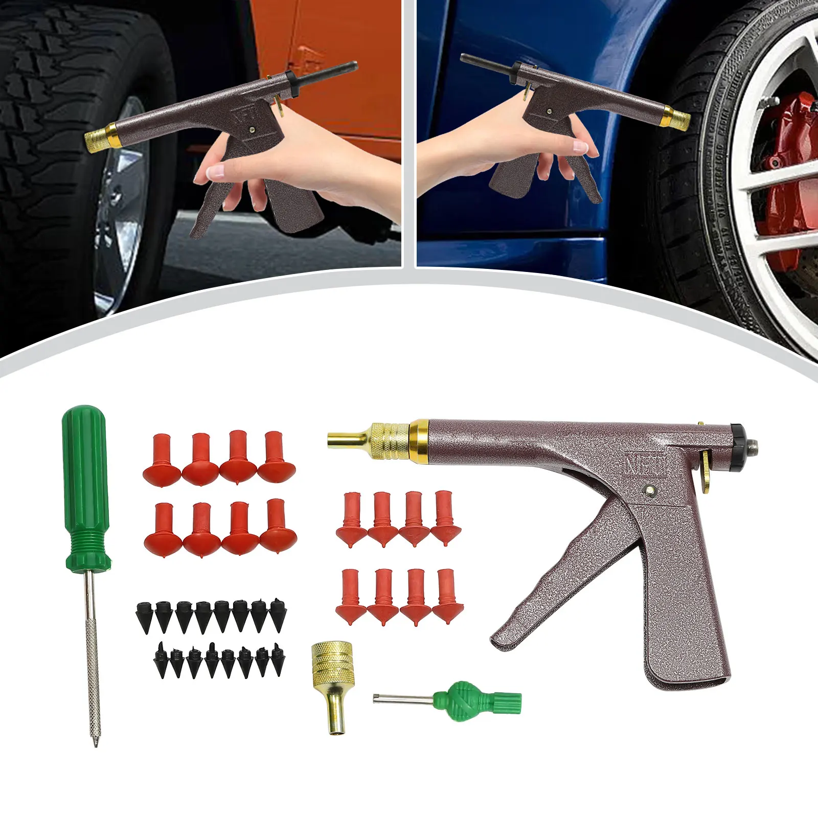 Vacuum Tire Repair Tool, Tubeless Tire Puncture Repair Gun, Car Motorcycle Scooter Wheel Tyre Plugger with Mushroom Plug & Box (Not included glue)