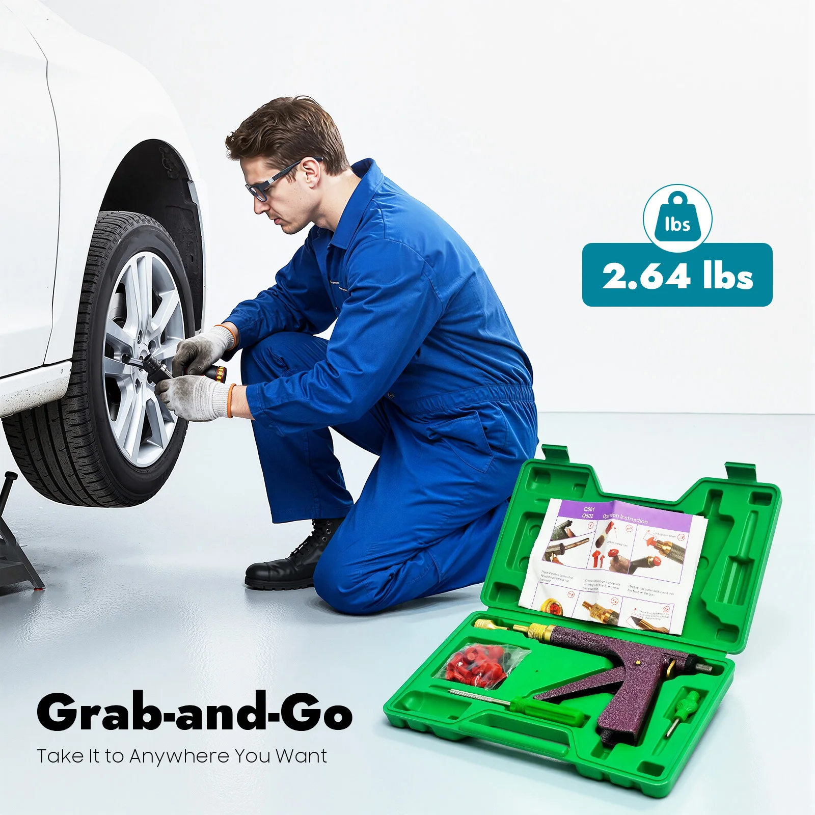Vacuum Tire Repair Tool, Tubeless Tire Puncture Repair Gun, Car Motorcycle Scooter Wheel Tyre Plugger with Mushroom Plug & Box (Not included glue)