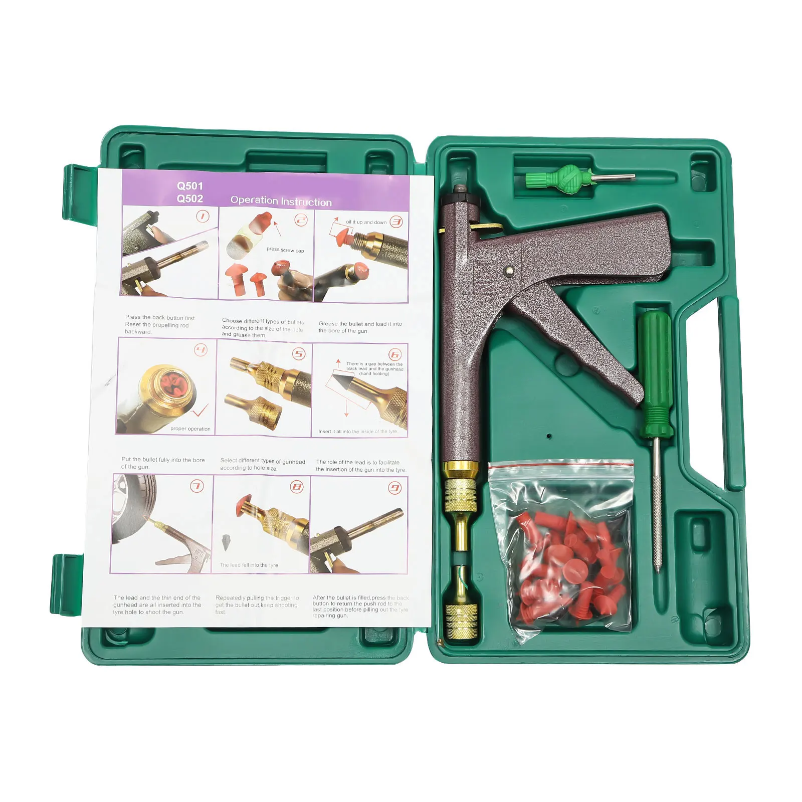 Vacuum Tire Repair Tool, Tubeless Tire Puncture Repair Gun, Car Motorcycle Scooter Wheel Tyre Plugger with Mushroom Plug & Box (Not included glue)