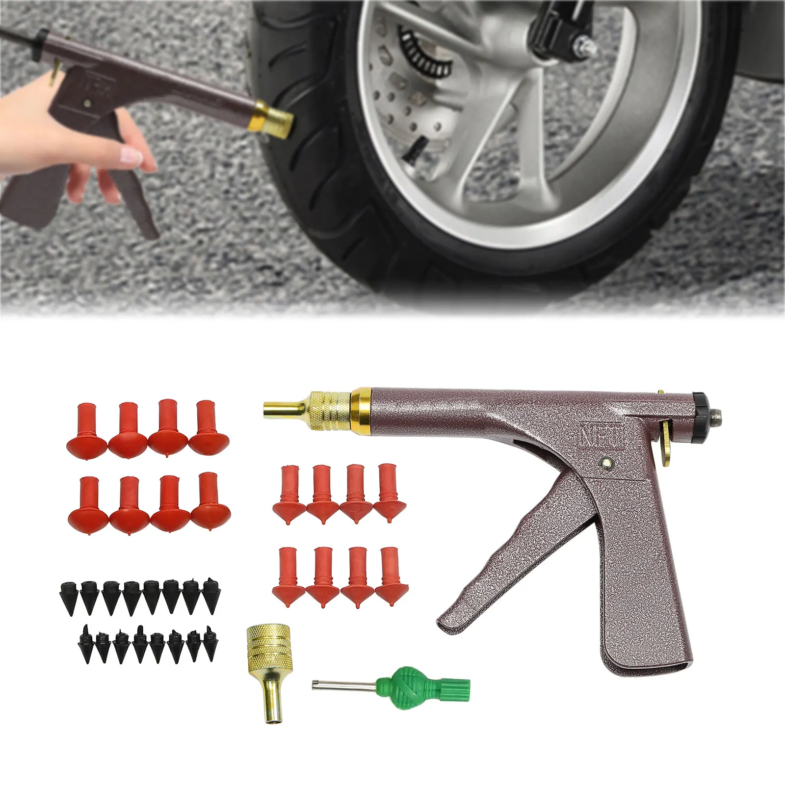 Vacuum Tire Repair Tool, Tubeless Tire Puncture Repair Gun, Car Motorcycle Scooter Wheel Tyre Plugger with Mushroom Plug & Box (Not included glue)