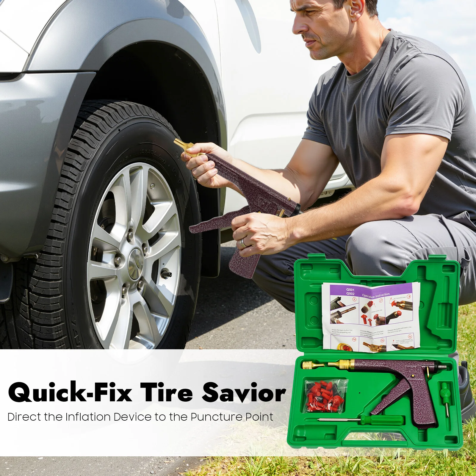 Vacuum Tire Repair Tool, Tubeless Tire Puncture Repair Gun, Car Motorcycle Scooter Wheel Tyre Plugger with Mushroom Plug & Box (Not included glue)