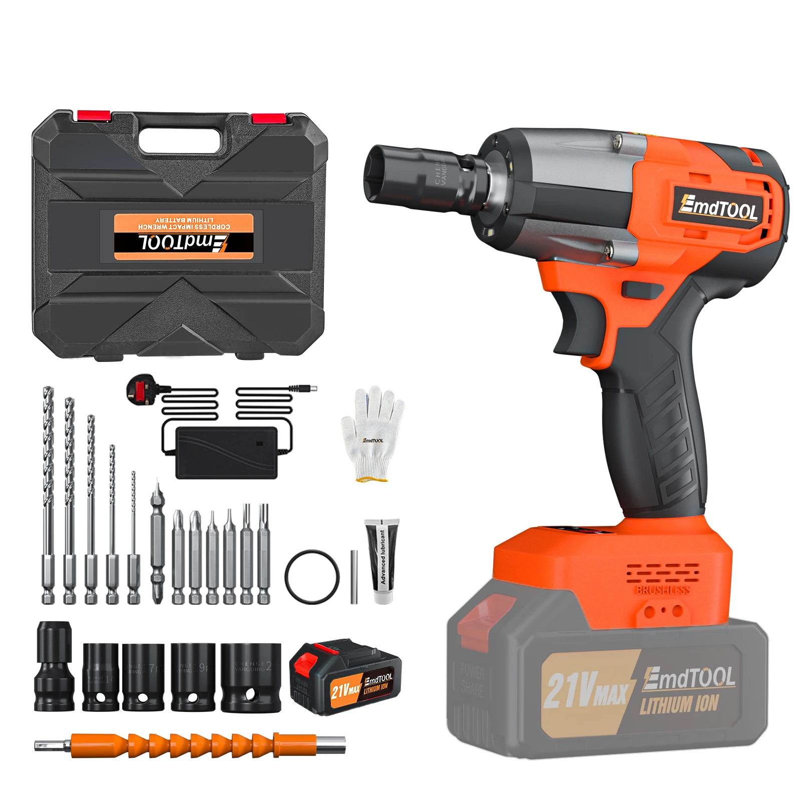 🔧【2024 New】Electric Wrench - Orange | 21V 500W Brushless Impact Wrench | Includes 12 Drill Bits, 4 Sockets & Gloves | Perfect f