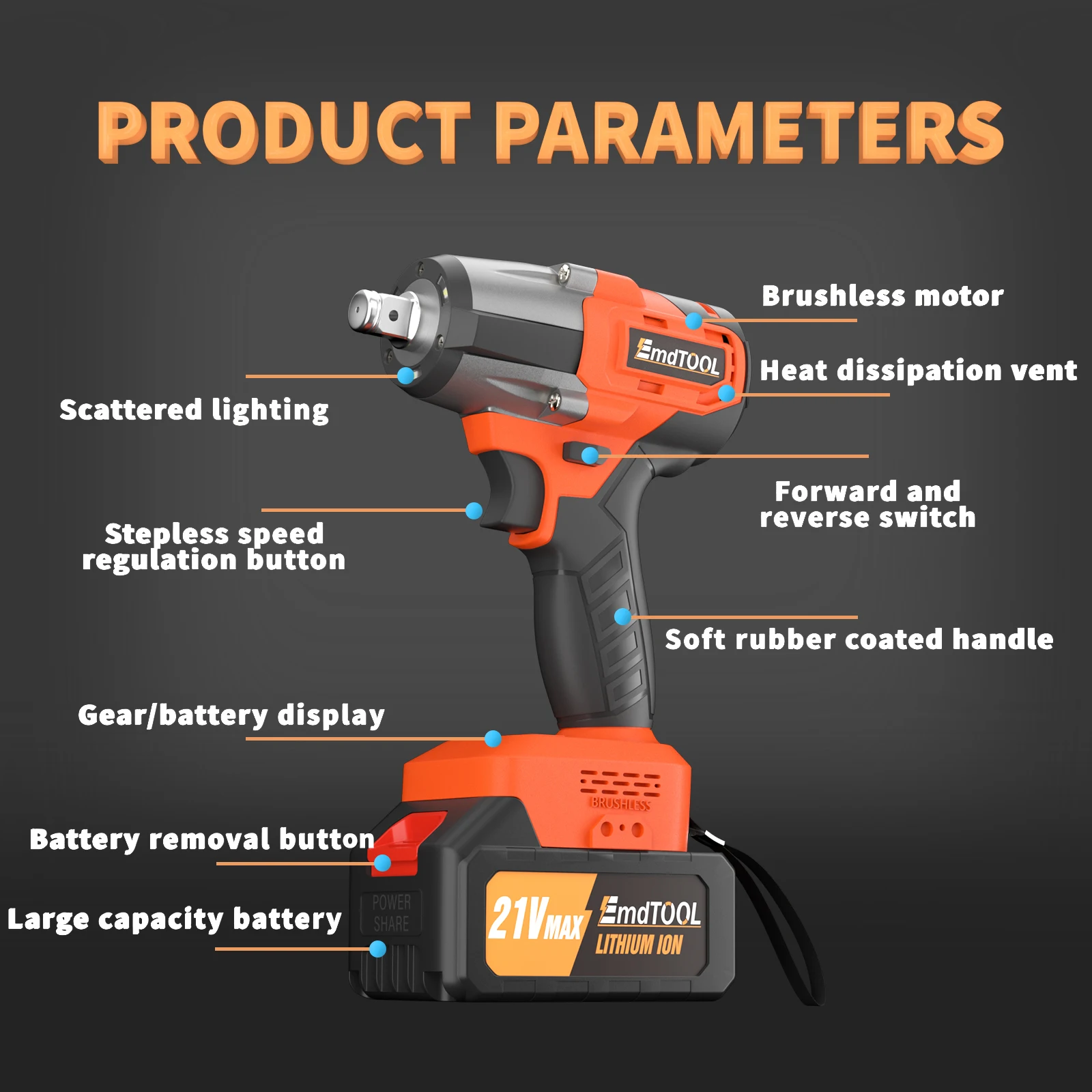 🔧【2024 New】Electric Wrench - Orange | 21V 500W Brushless Impact Wrench | Includes 12 Drill Bits, 4 Sockets & Gloves | Perfect f
