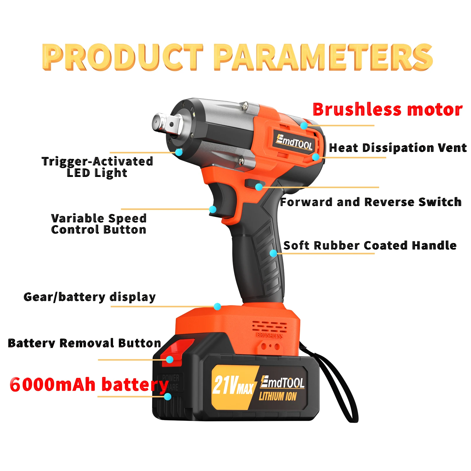 🔧【2024 New】Electric Wrench - Orange | 21V 500W Brushless Impact Wrench | Includes 12 Drill Bits, 4 Sockets & Gloves | Perfect f