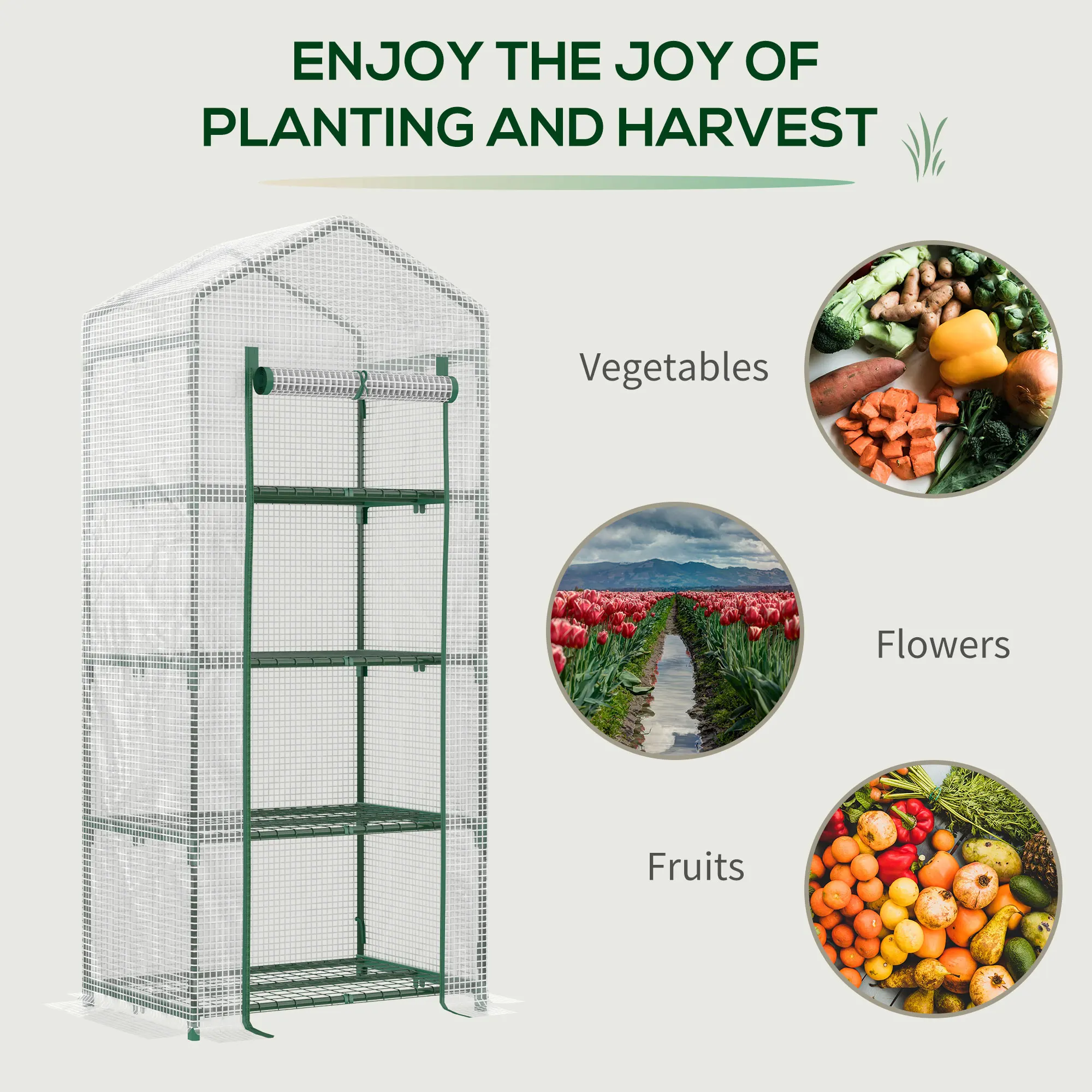 4-Tier Portable Greenhouse Plant Shed with Pe Cover Roll-Up Door, White
