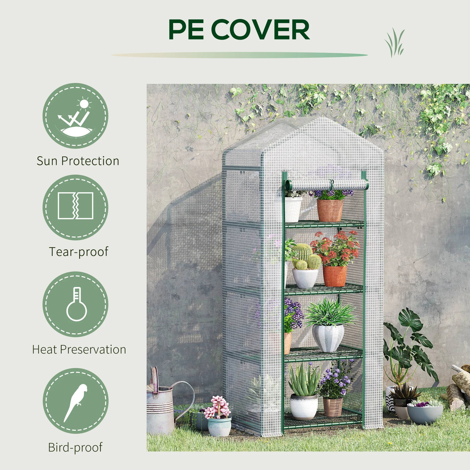 4-Tier Portable Greenhouse Plant Shed with Pe Cover Roll-Up Door, White