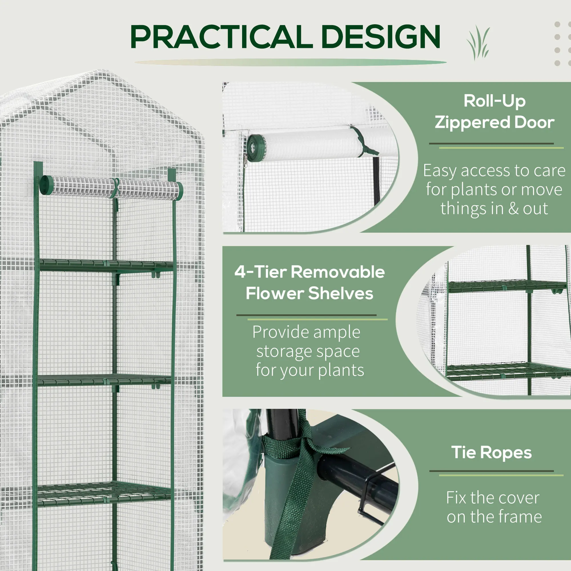 4-Tier Portable Greenhouse Plant Shed with Pe Cover Roll-Up Door, White
