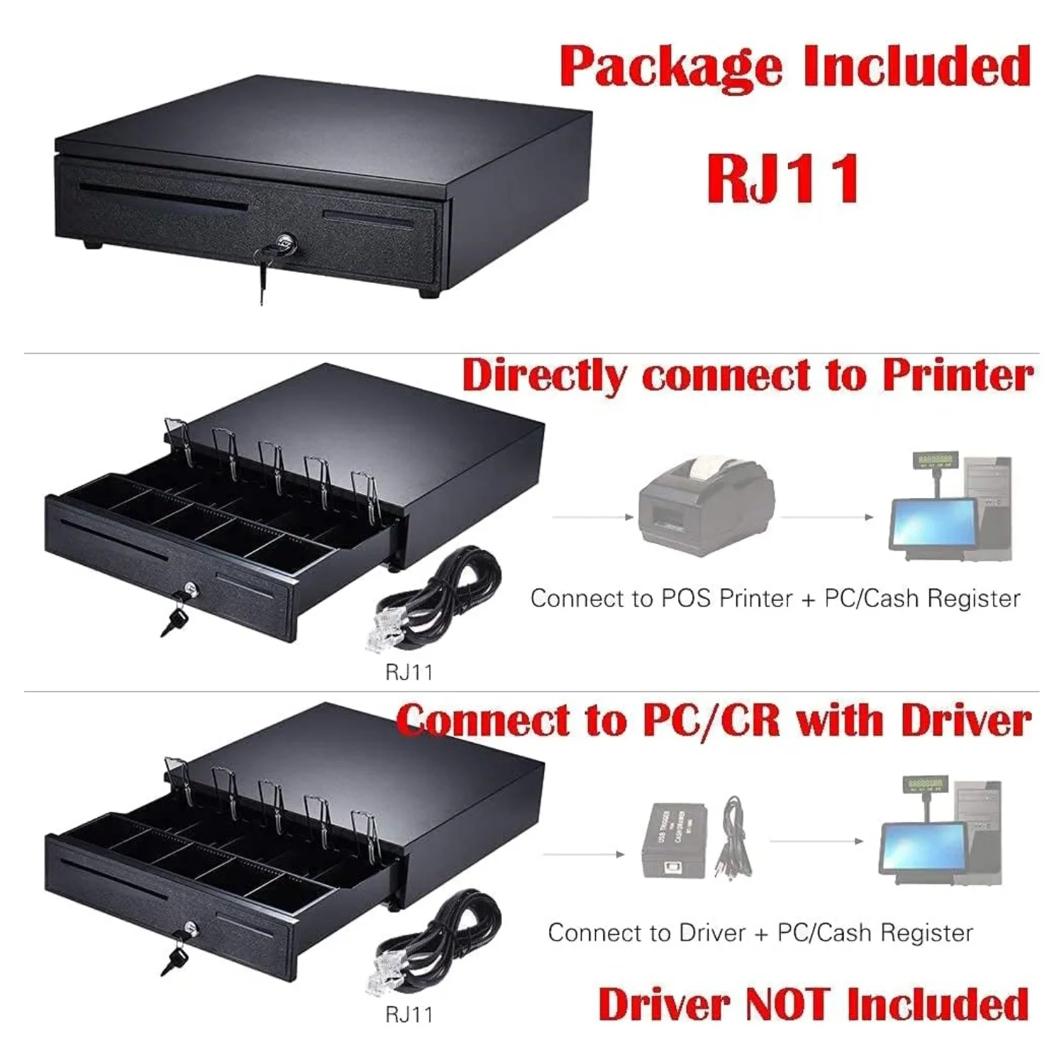 Black Cash box till drawer Black cash register Adjustable removable cash tray cabinet Can be opened via PC or printer