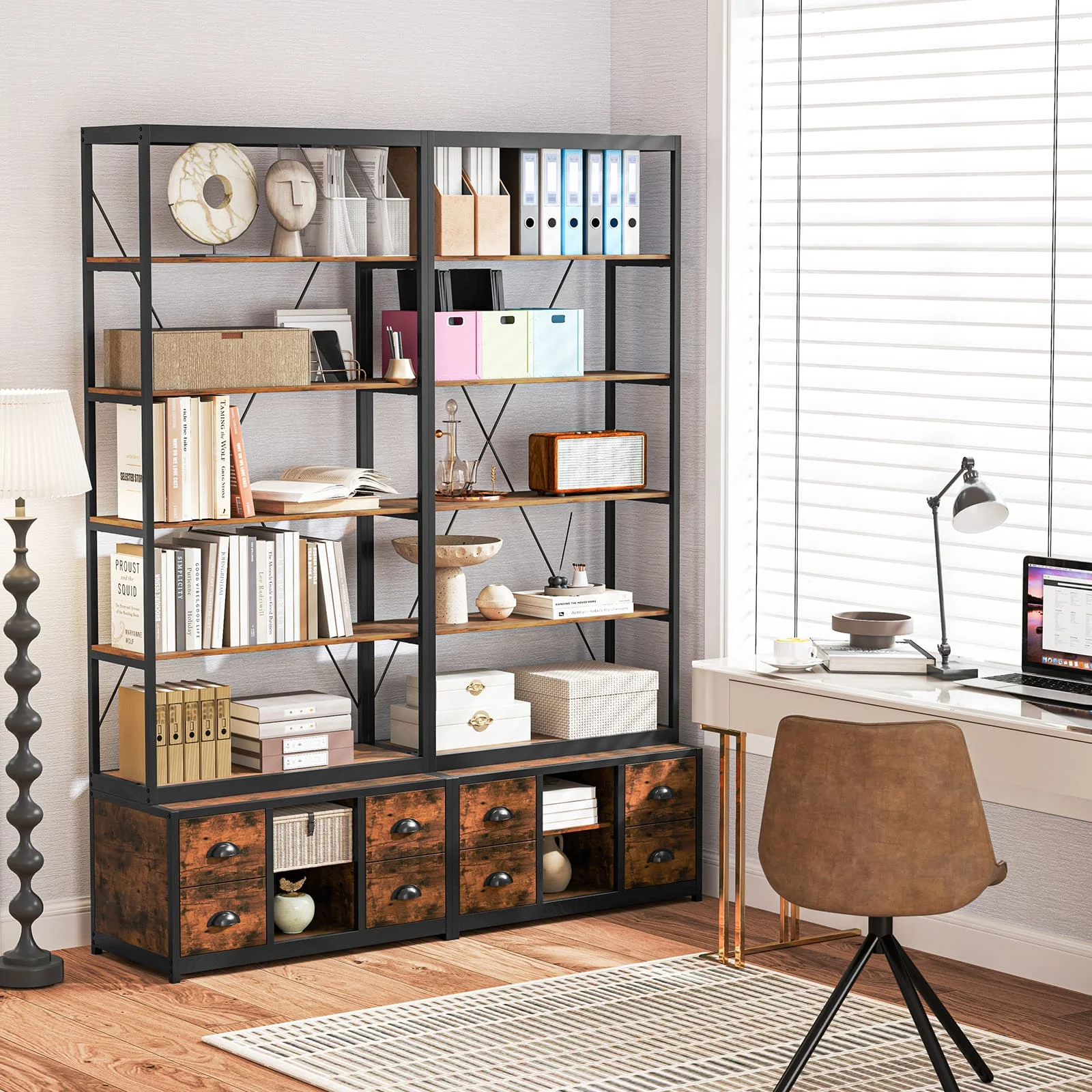 GOFLAME 8-tier Bookshelf Freestanding Bookcase with Storage & Drawers-Brown