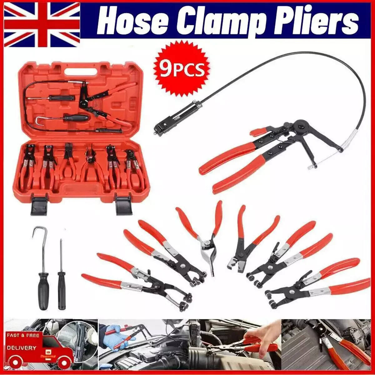 9PC Hose Clamp Pliers Kit Long Reach Car Water Fuel Oil Locking Removal Tool Set