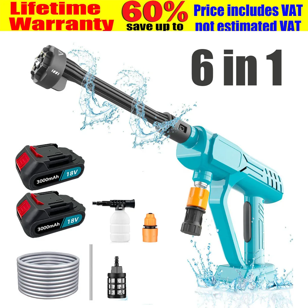 Portable Electric High Pressure Washer Cordless Efficient Car Garden Cleaning Spray Gun With 2Battery Compatible with Makita 18v