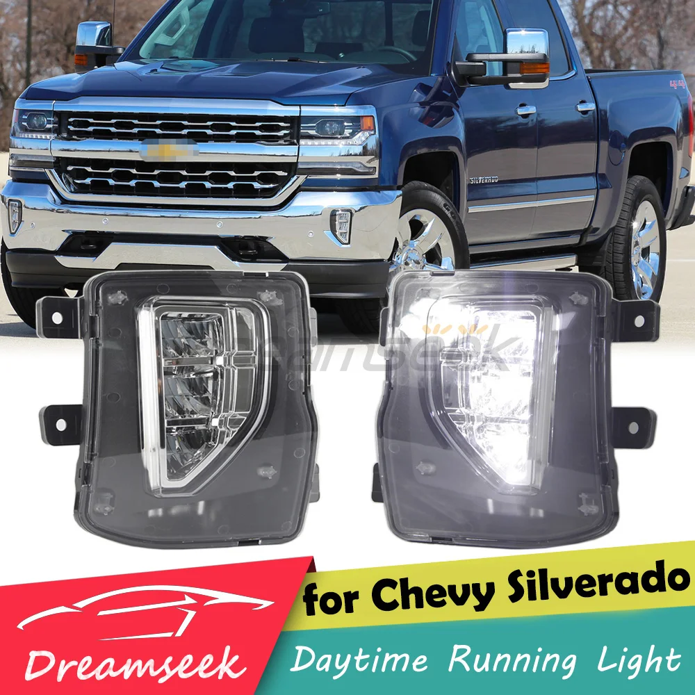 Pair LED DRL Fog Lamp Assembly for Chevy Chevrolet Silverado 1500 2016 2017 2018 Daytime Running Light Daylight White Driving