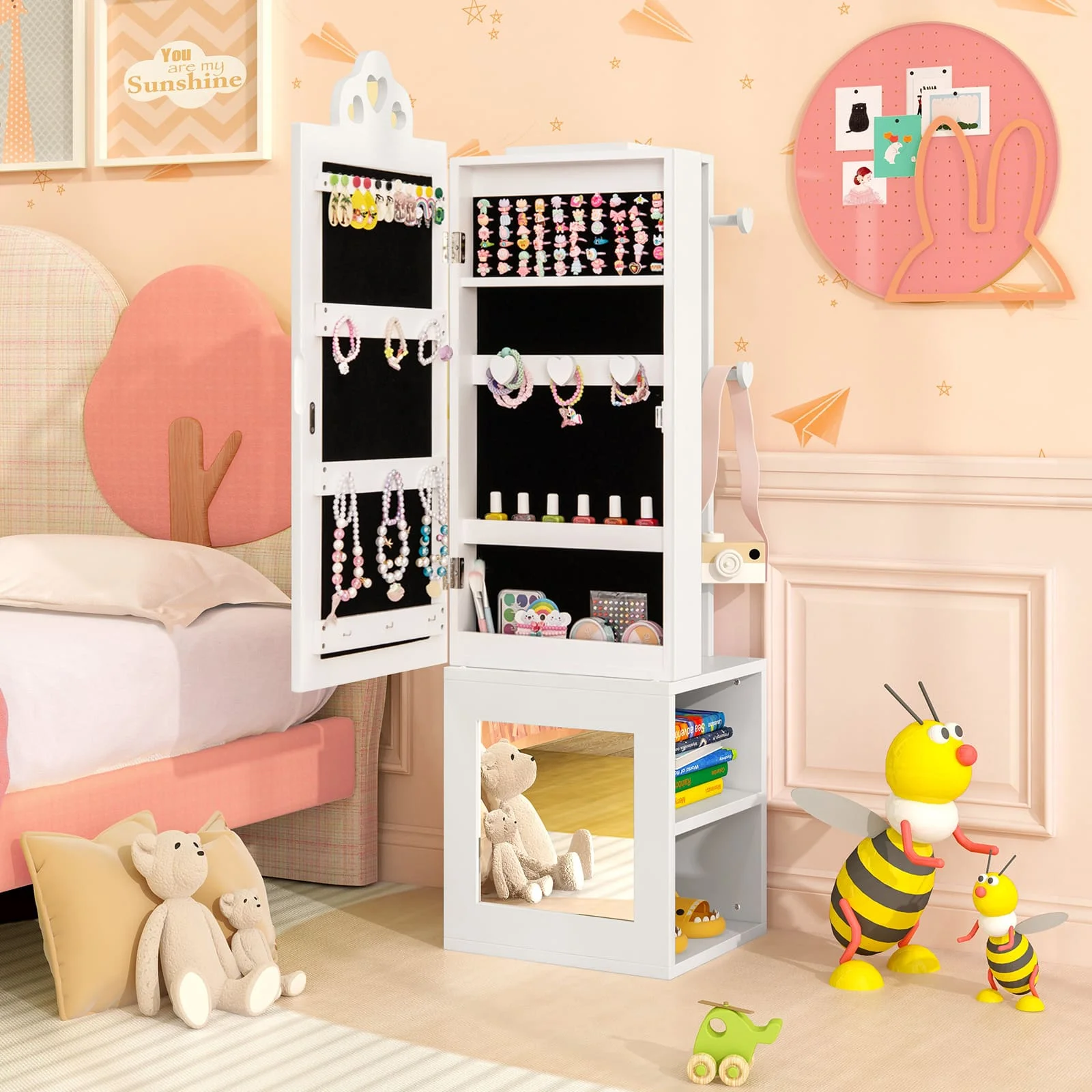 GOFLAME Kids Jewelry Armoire 3-in-1 Jewelry Storage Organizer w/Mirror-White