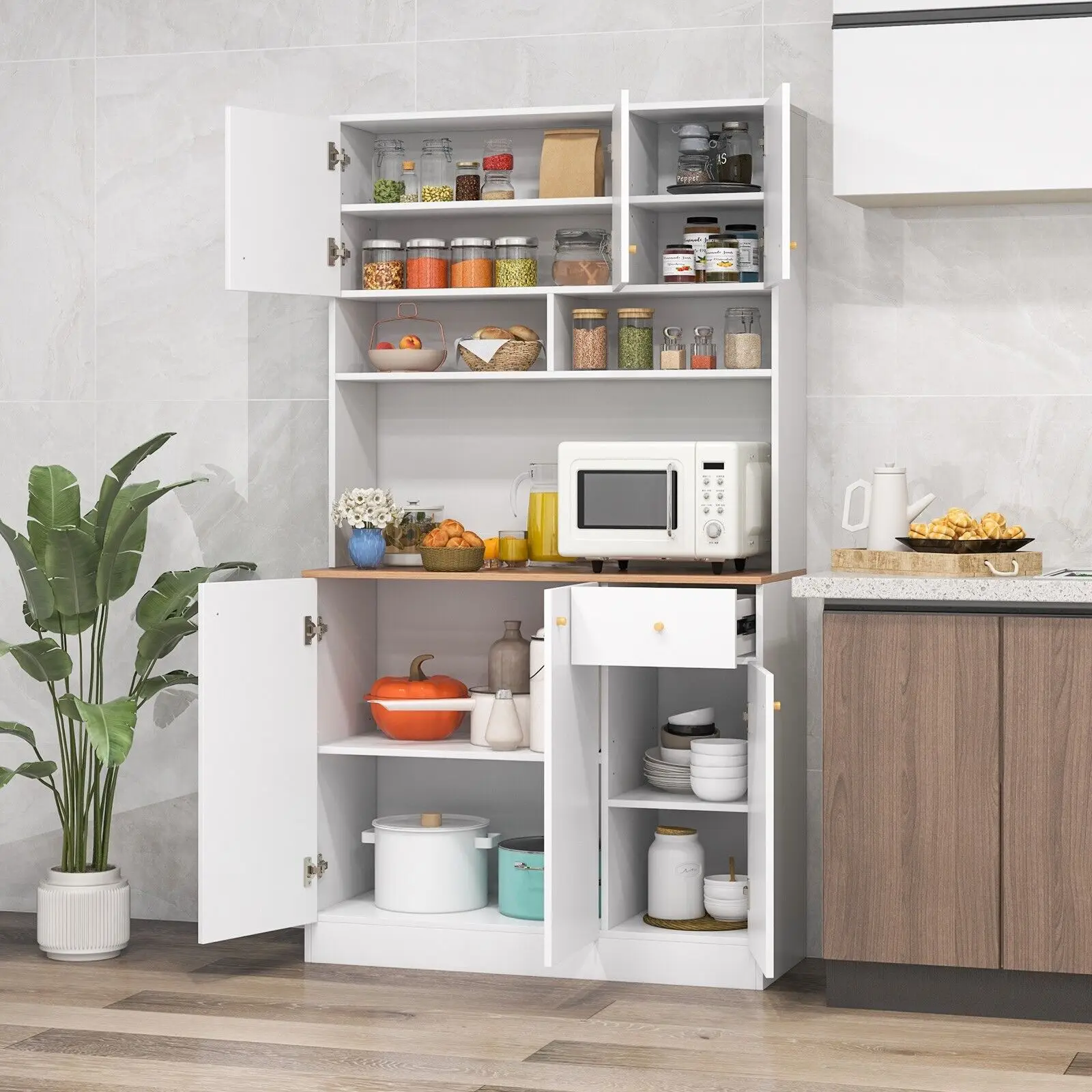 GOFLAME Modern Pantry Cabinet Wodden Kitchen Cabinet Freestanding Buffet Cupboard