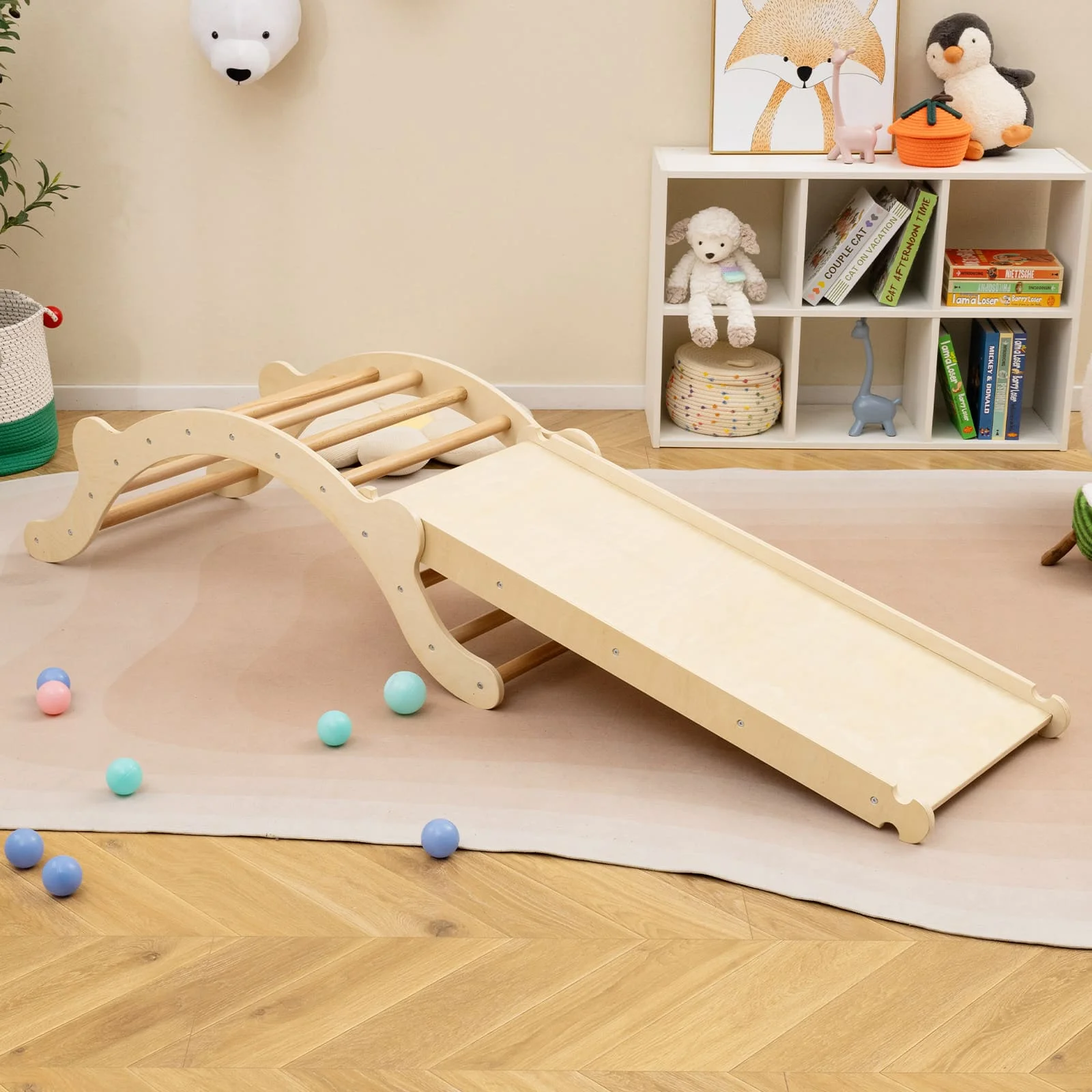 DORTALA 3-In-1 Wooden Climber Toddler Climber Arch w/Soft Mat & Reversible Ramp for Climbing & Sliding Multicolor/Natural