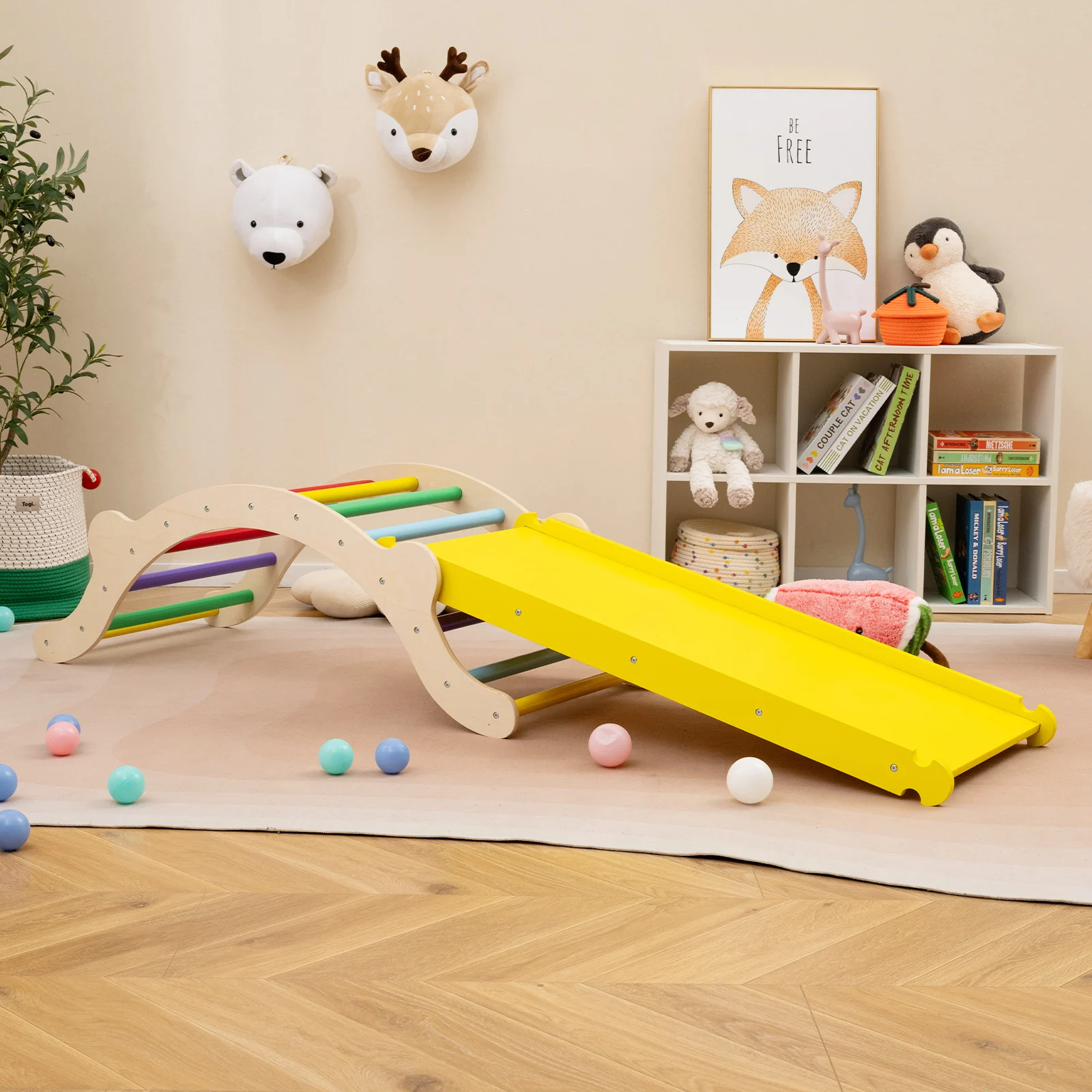 DORTALA 3-In-1 Wooden Climber Toddler Climber Arch w/Soft Mat & Reversible Ramp for Climbing & Sliding Multicolor/Natural