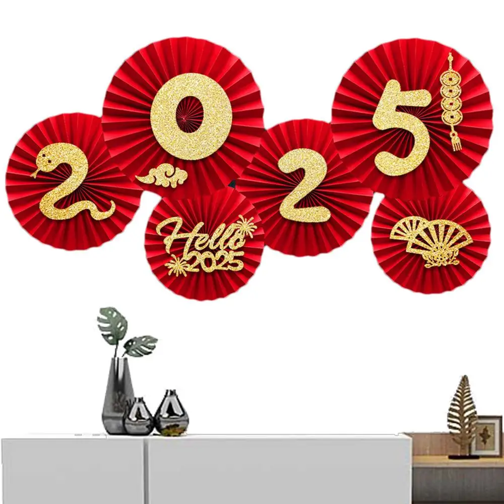 6PCS Chinese New Years Paper Fans Lunar New Year Decorations 2025 Chinese New Year Wall Decor Paper fan flower decoration