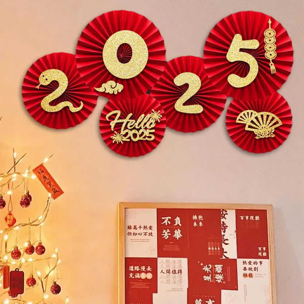6PCS Chinese New Years Paper Fans Lunar New Year Decorations 2025 Chinese New Year Wall Decor Paper fan flower decoration