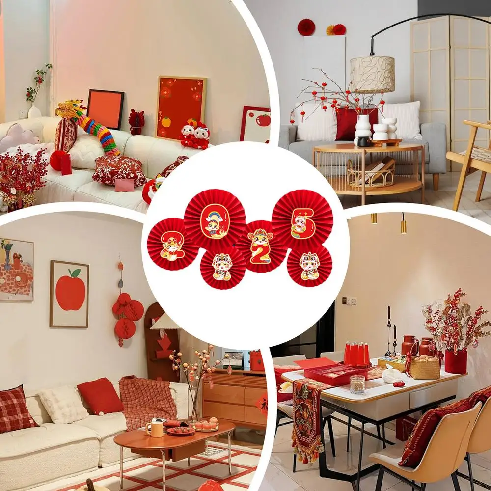 6PCS Chinese New Years Paper Fans Lunar New Year Decorations 2025 Chinese New Year Wall Decor Paper fan flower decoration
